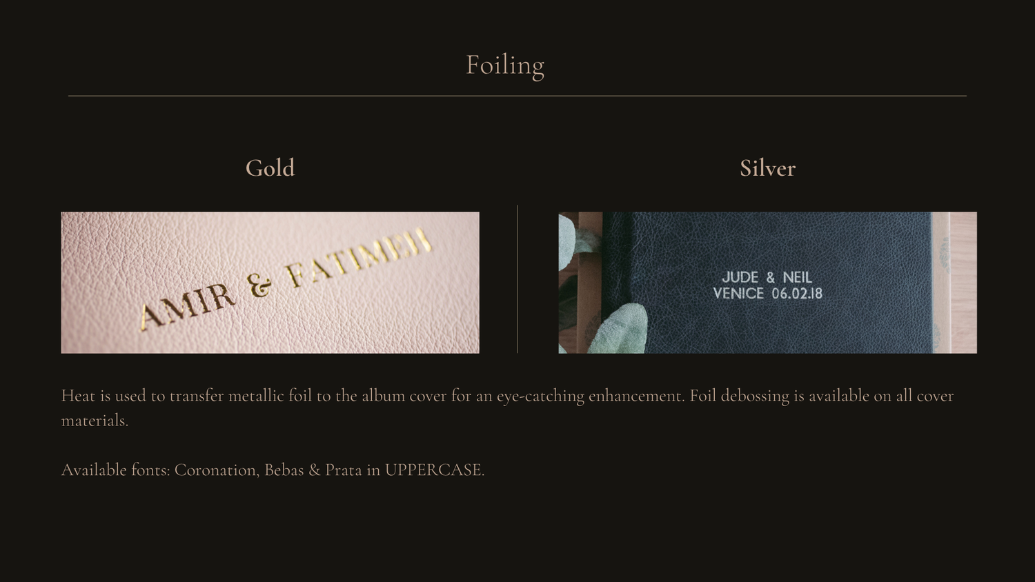 A minimalist split-screen design showing text 'Amir & Fatimah' in pink on the left and a dark panel on the right.