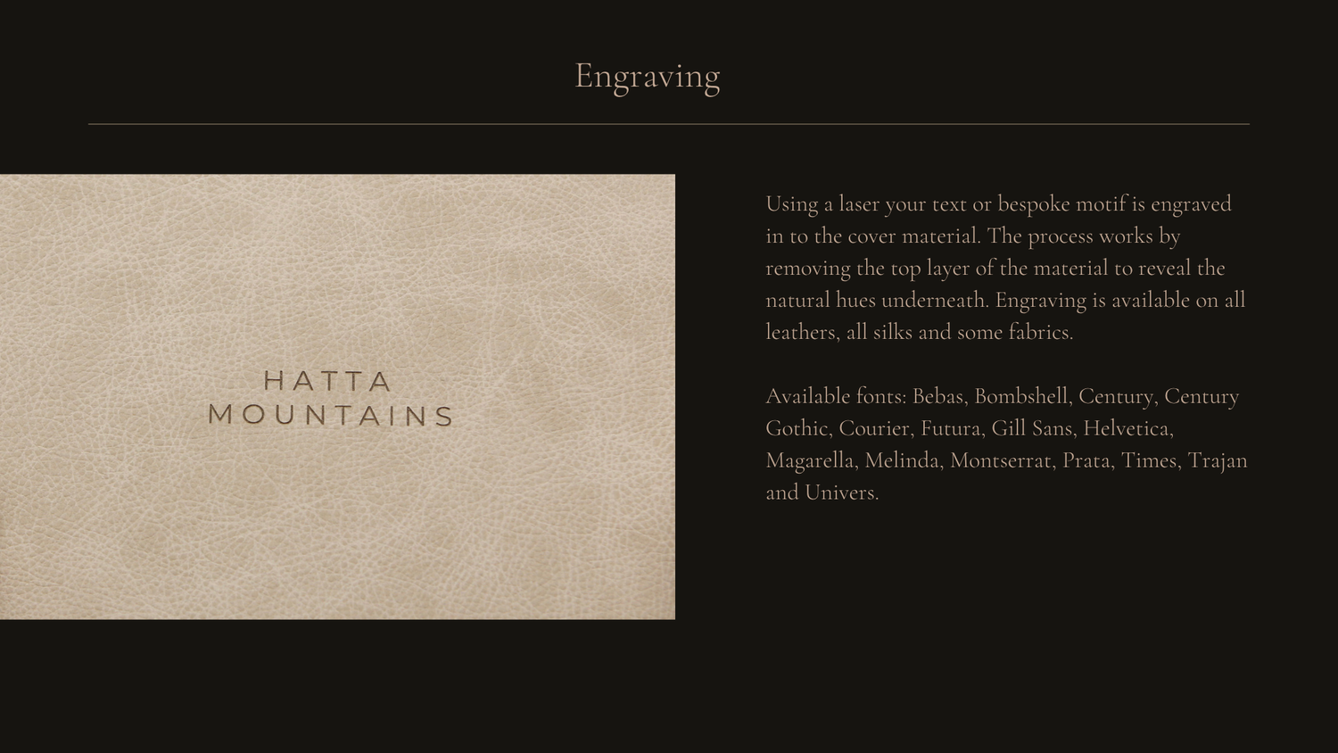Elegant engraved typography showing 'Water Mountains' text against a light neutral background with dark text overlay.