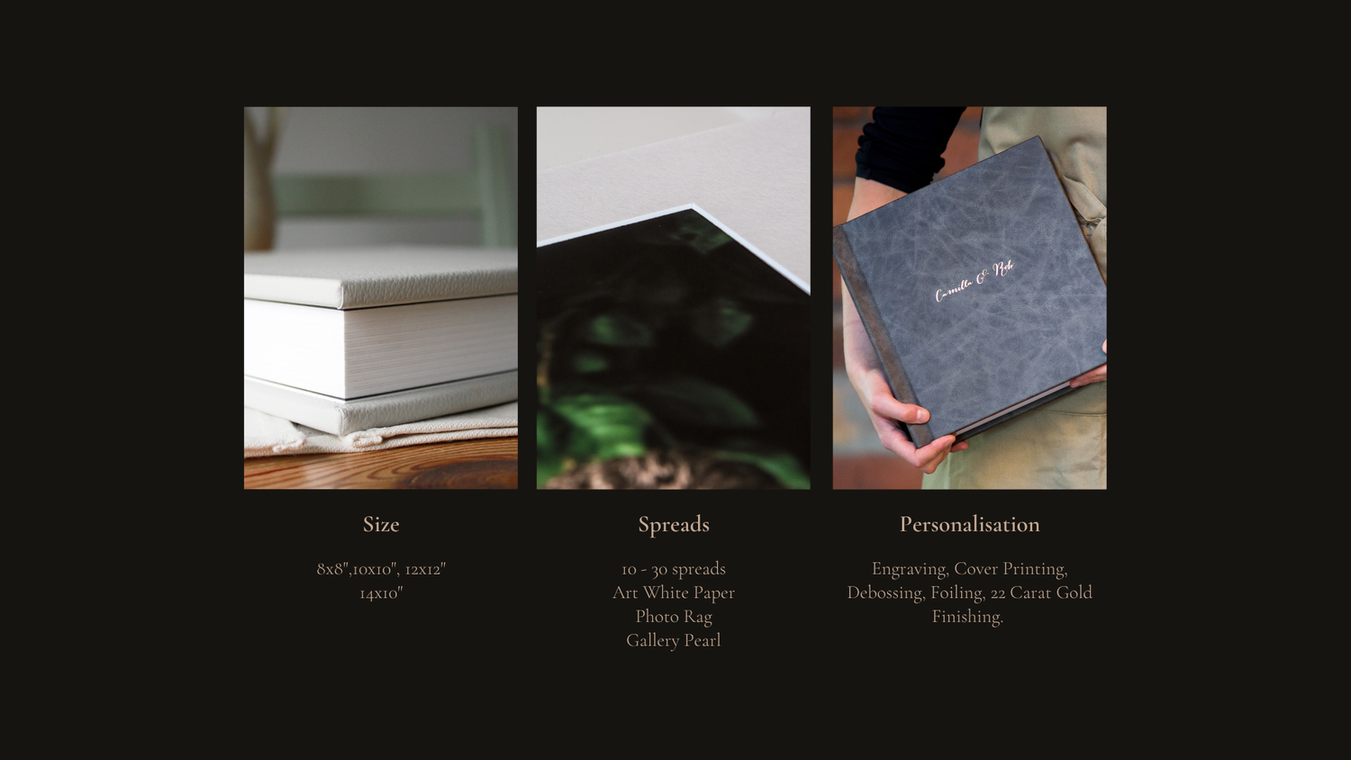Three product photos showing stacks of paper, a digital device in dark lighting, and a textured surface material sample.