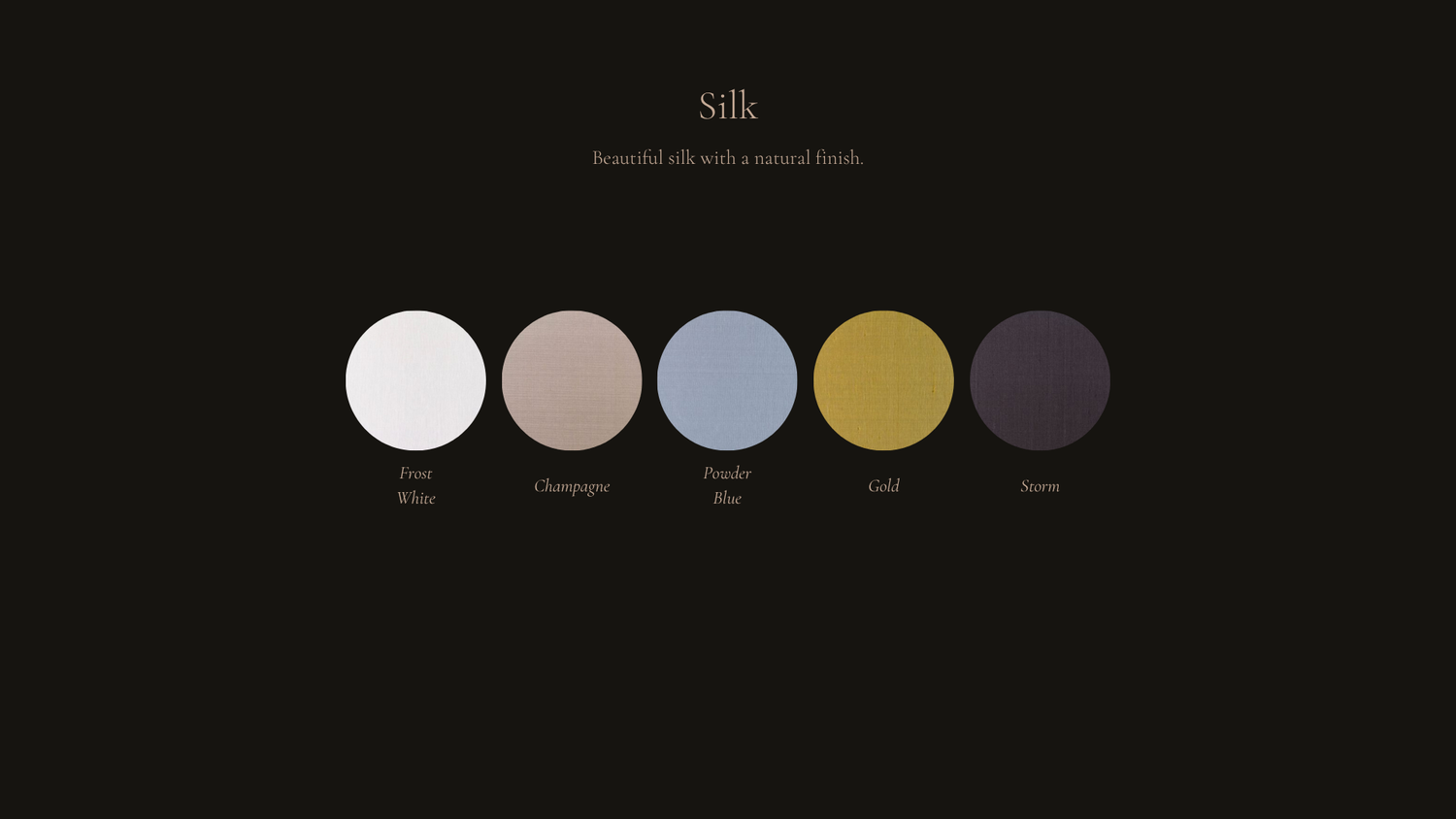 A minimalist color palette featuring five circles in white, beige, light blue, gold, and dark gray on a black background.