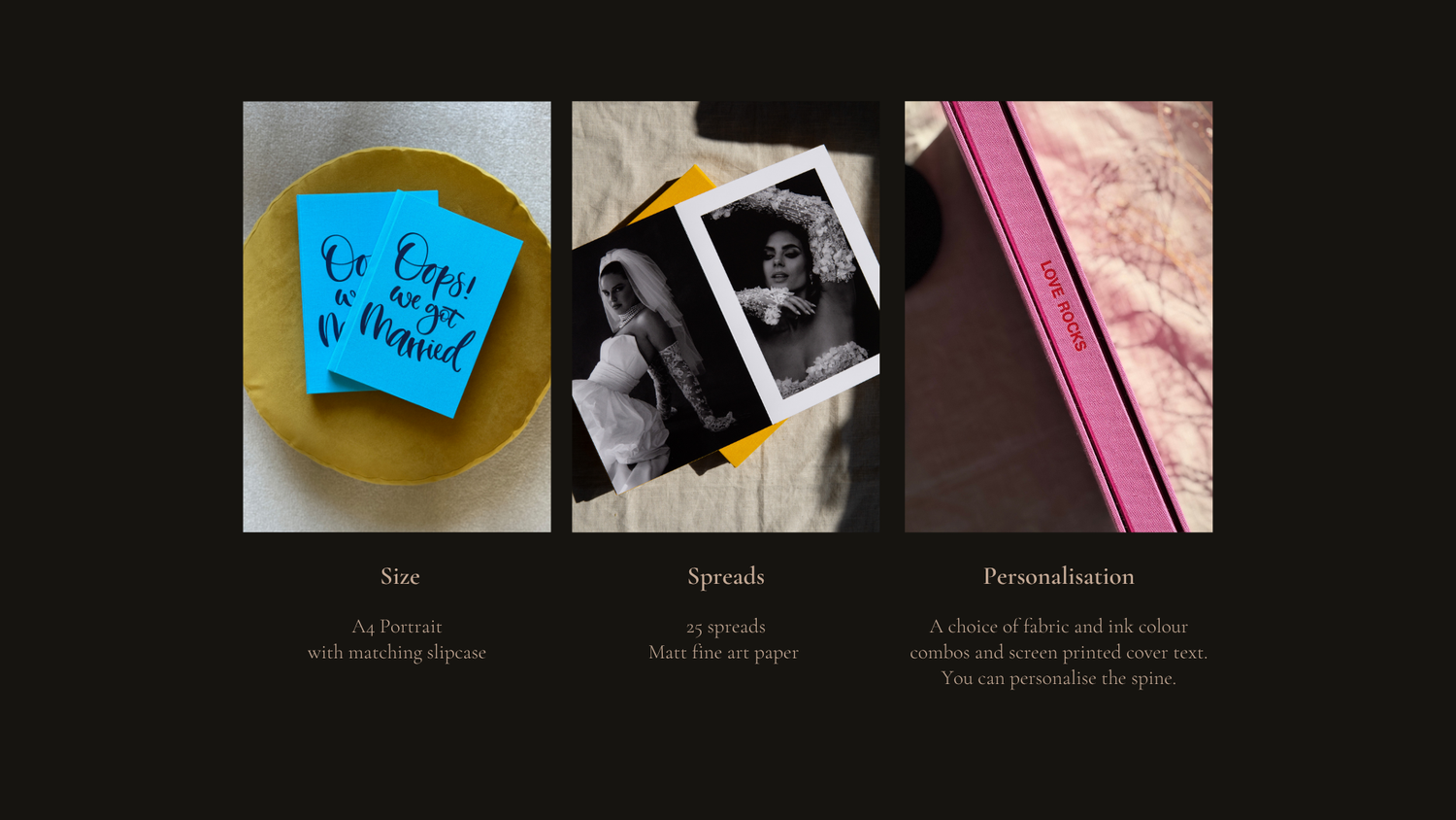 Three artistic photography elements showing a yellow sticky note, black and white photos, and a pink notebook corner.