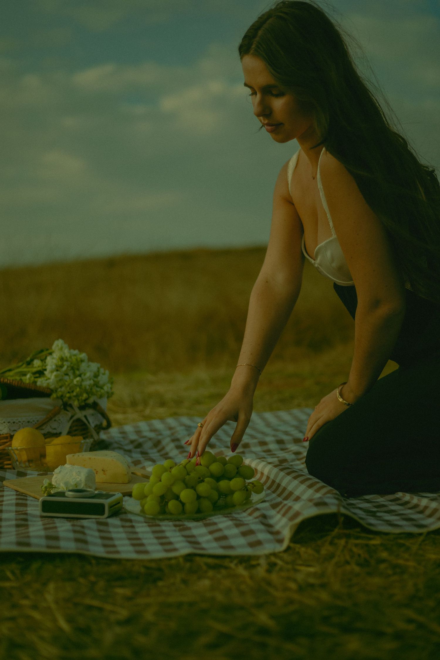 Cinematic couples picnic styled photoshoot in Riverside California with a nostalgic and romantic feel.