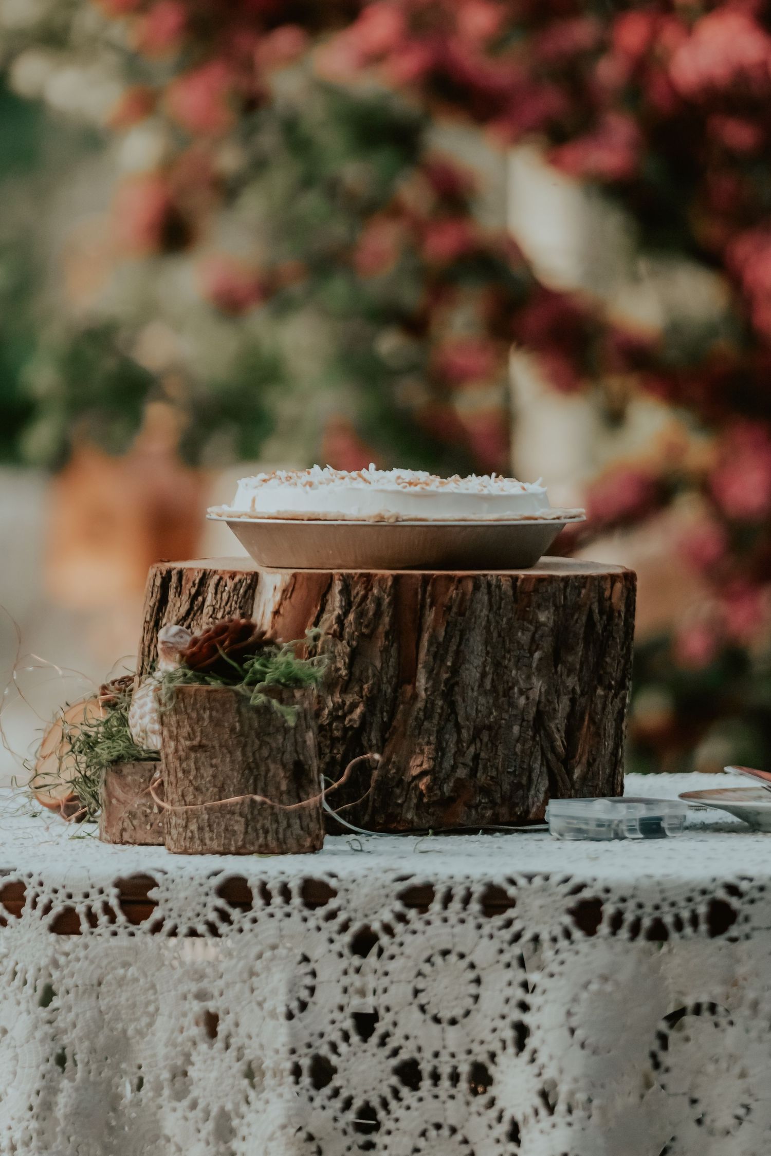 A rustic dessert plate sits atop a wooden log slice with a delicate lace tablecloth underneath and pink blossoms in background.