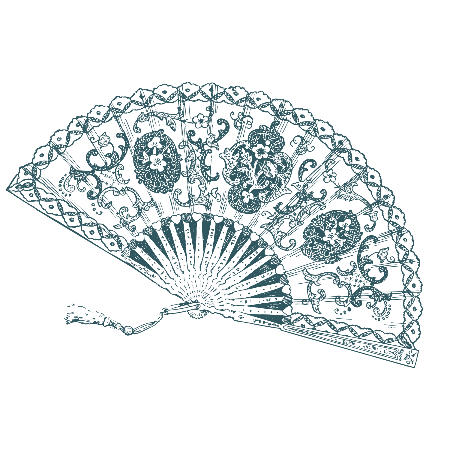 A vintage-style ornate lace hand fan with delicate floral patterns rendered in turquoise blue.