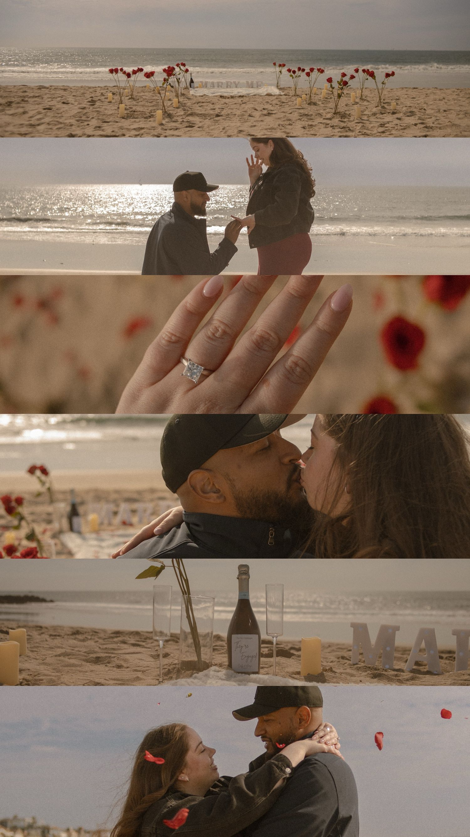 Cinematic movie still collage of a romantic rose and candle set up in Newport Beach California surprise proposal