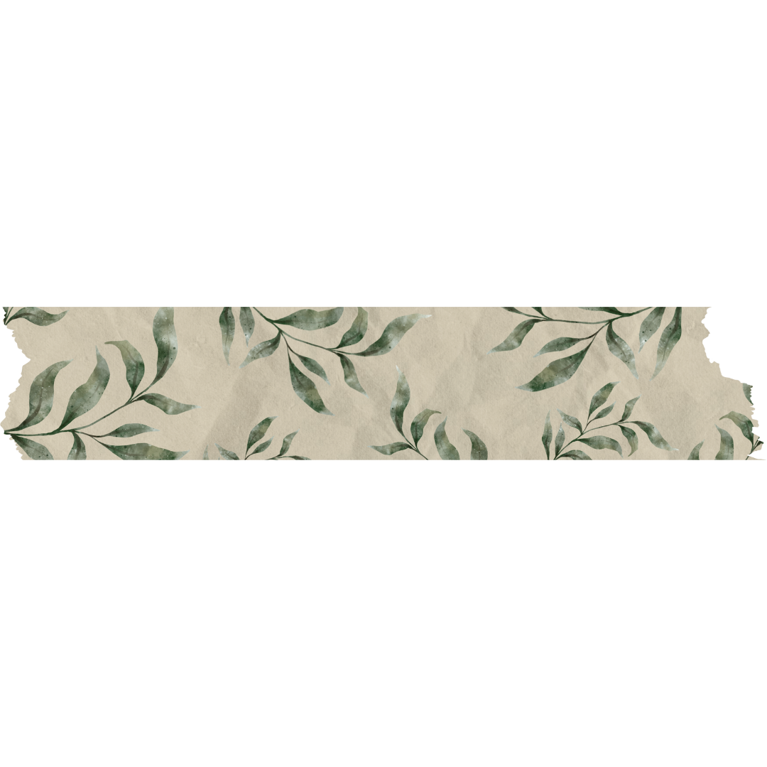 A decorative washi tape strip with delicate green leaves and botanical pattern on a light beige background.