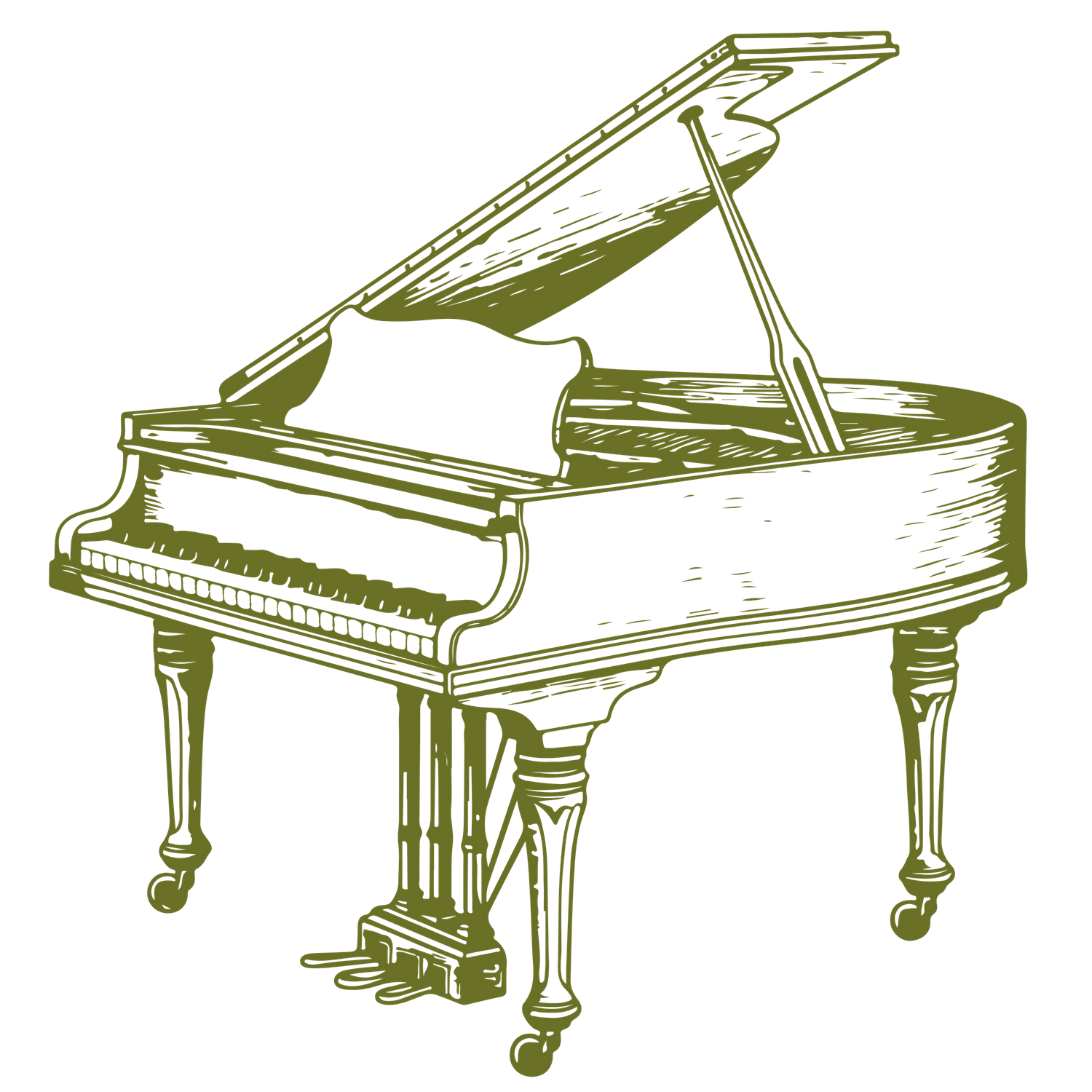 Hand drawn sketch of a grand piano with ornate legs and detailed line work shown in olive green color against white.