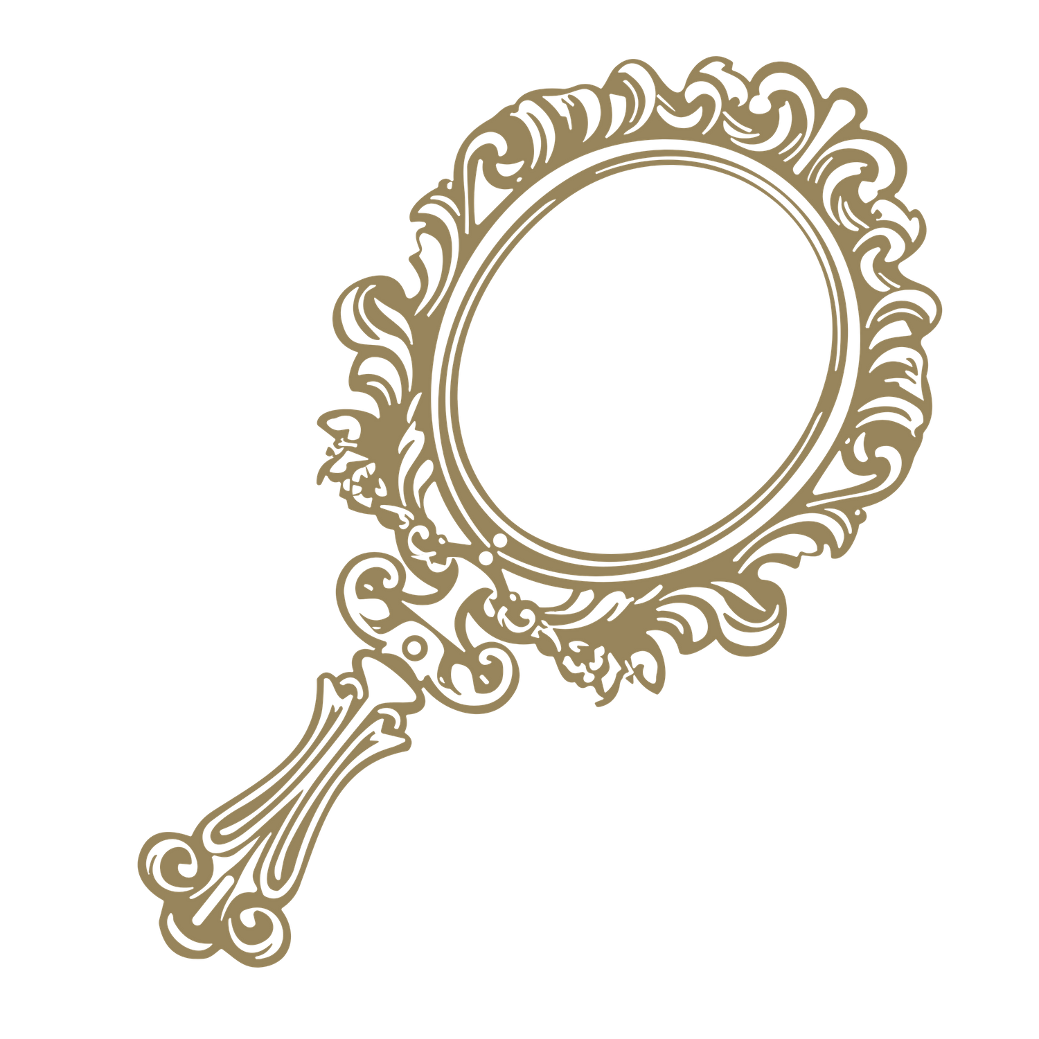 Ornate vintage gold hand mirror with decorative swirls and flourishes in a classical baroque style on black background.