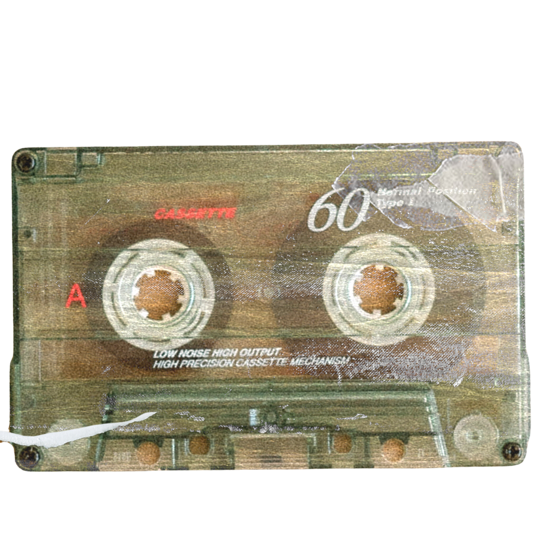 A transparent vintage audio cassette tape with 60 minute capacity shows signs of aging and wear on its plastic casing.