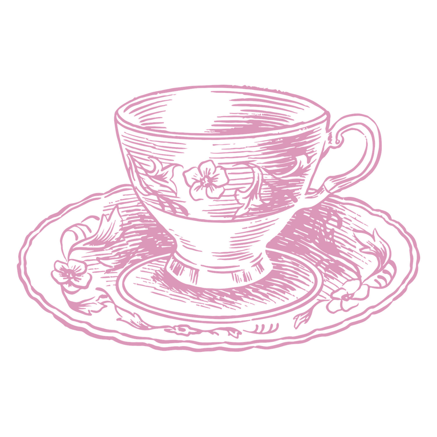 A vintage teacup and saucer illustration in pink with delicate floral patterns and ornate details.