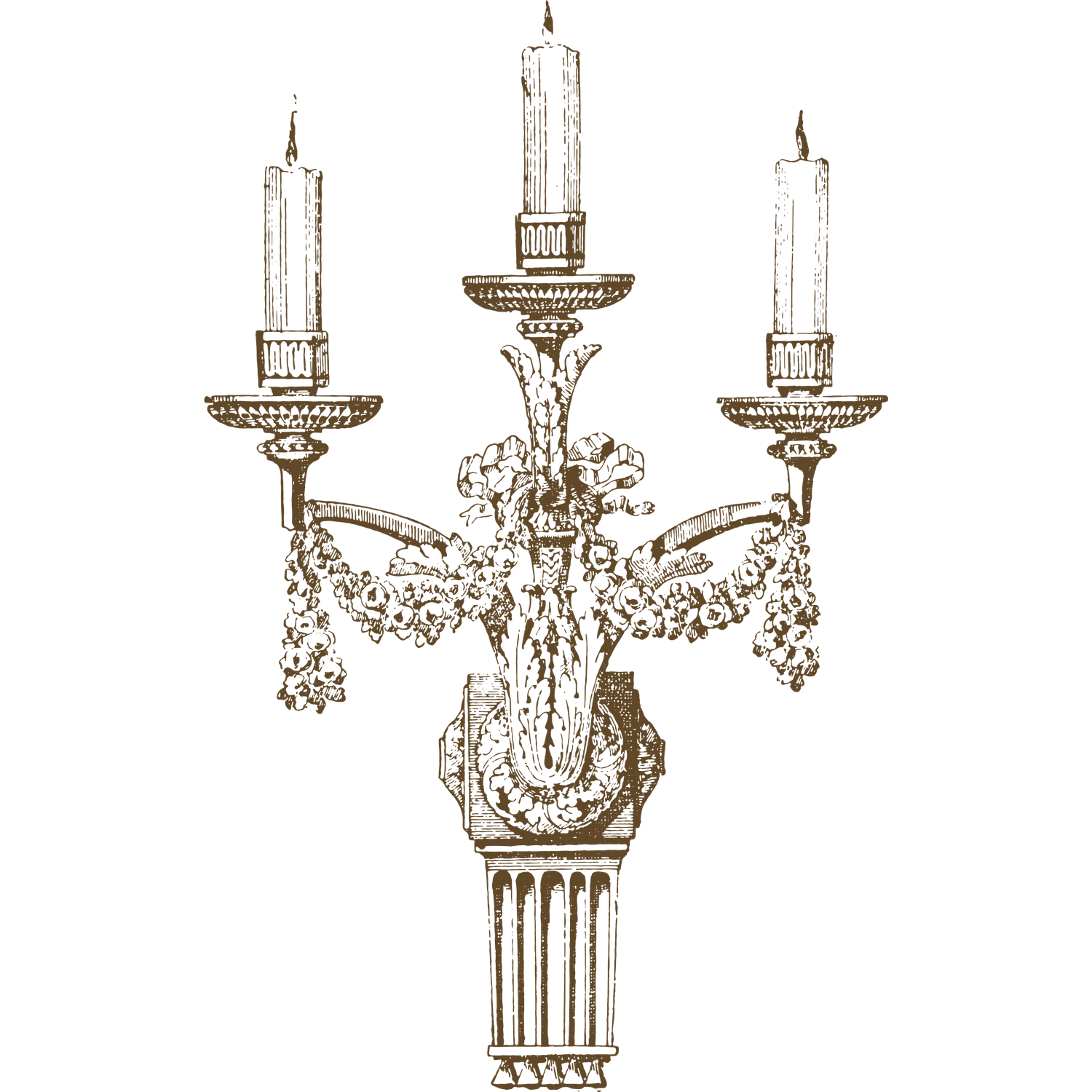 Vintage brown illustration of an ornate wall sconce with three candle holders and decorative floral garland details.