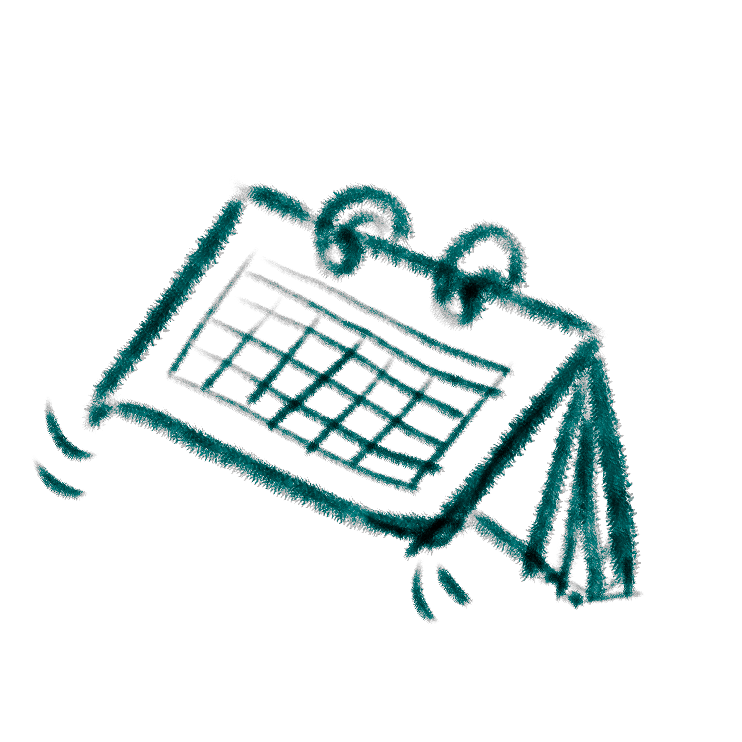 Hand-drawn sketch of a desktop calendar with flipping pages in teal ink.