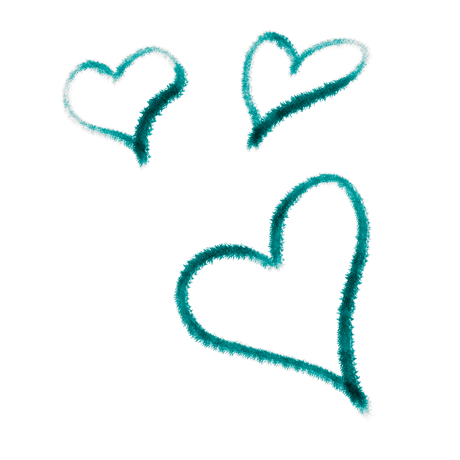 Three hand-drawn heart doodles in teal color.