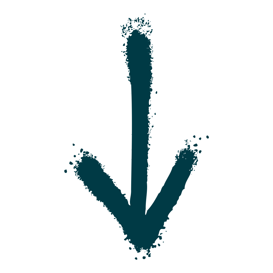 Teal arrow pointing downward with textured spray paint effect on white background.