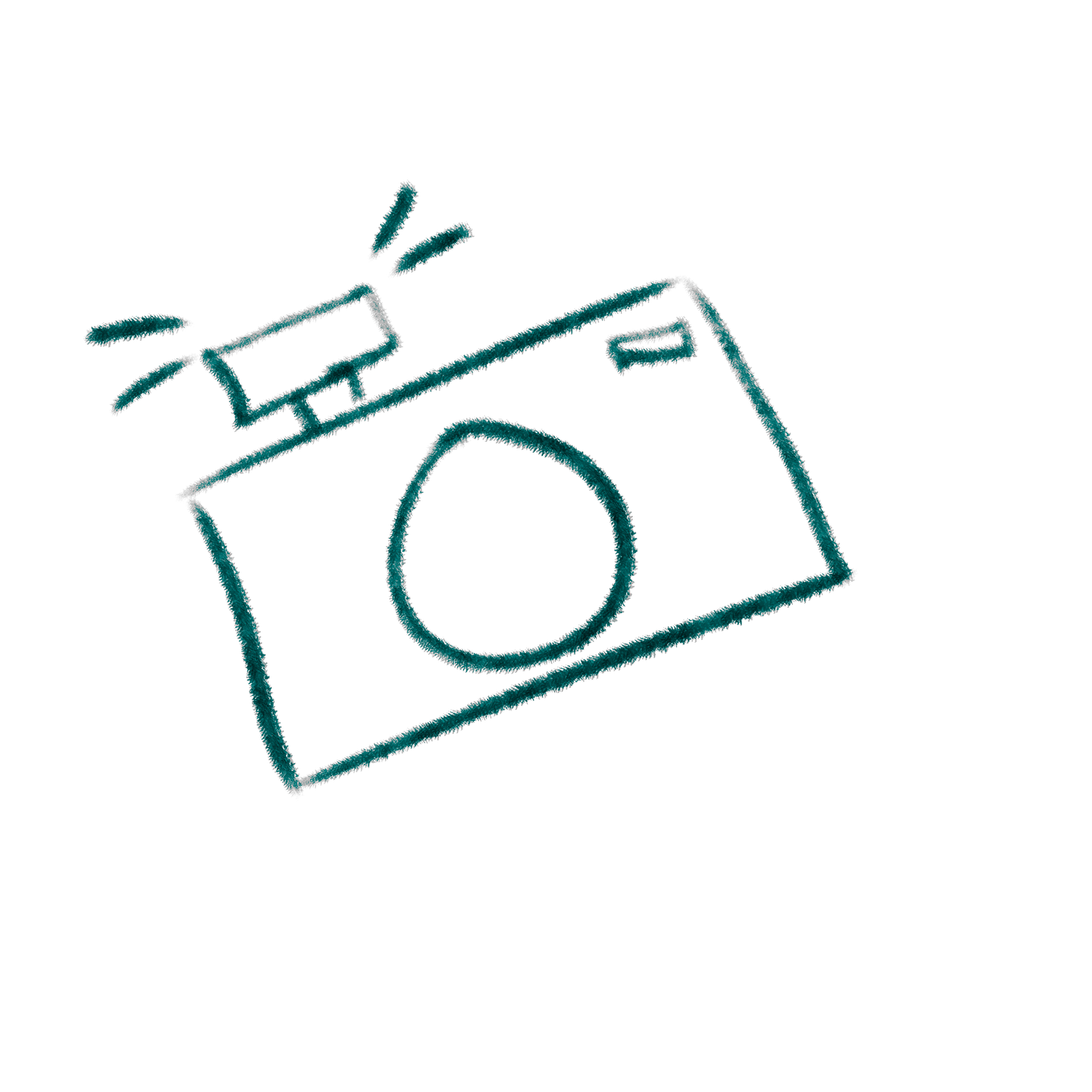 Simple teal sketch of a camera with flash icon.