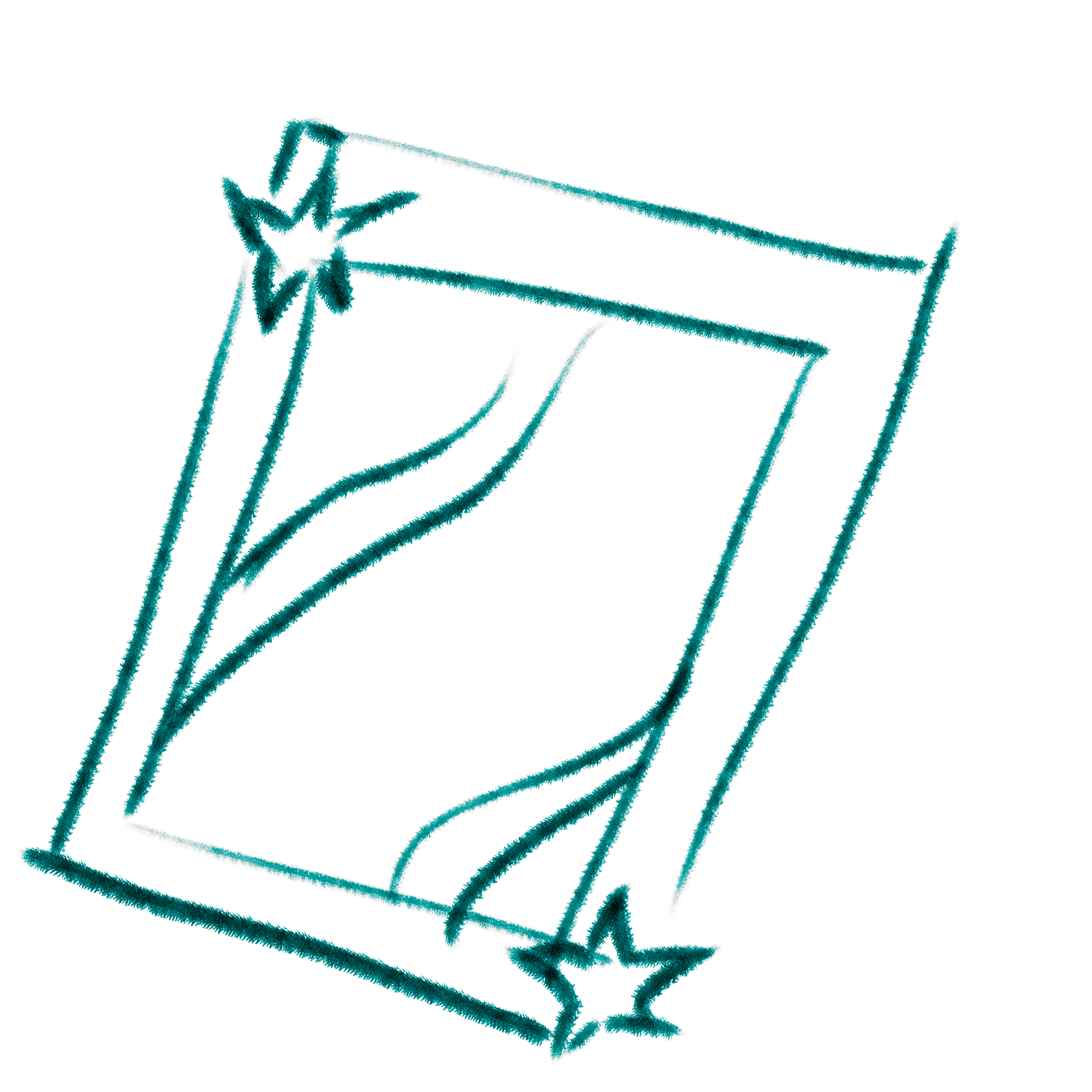 Minimalist teal sketch of a picture frame with decorative corners.