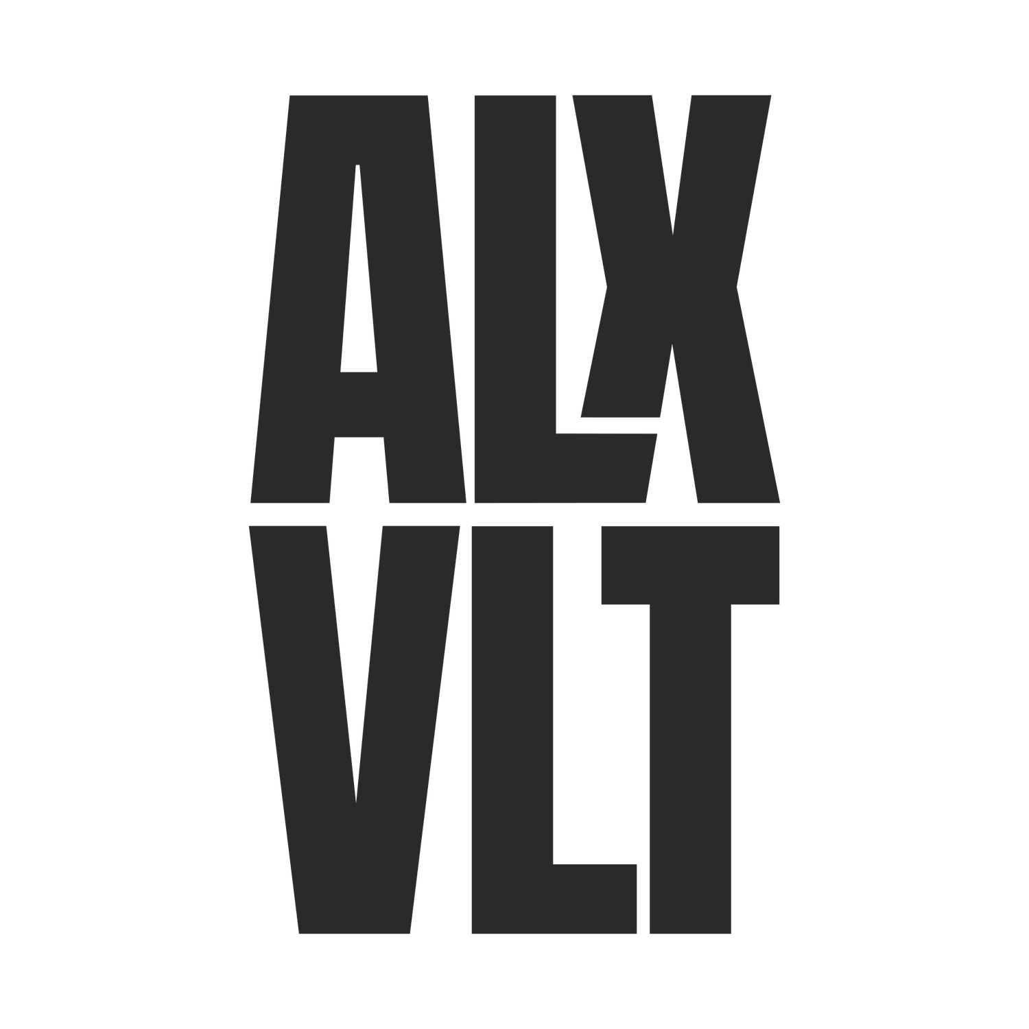 Black typographic logo design spelling ALX VLT in bold letters.