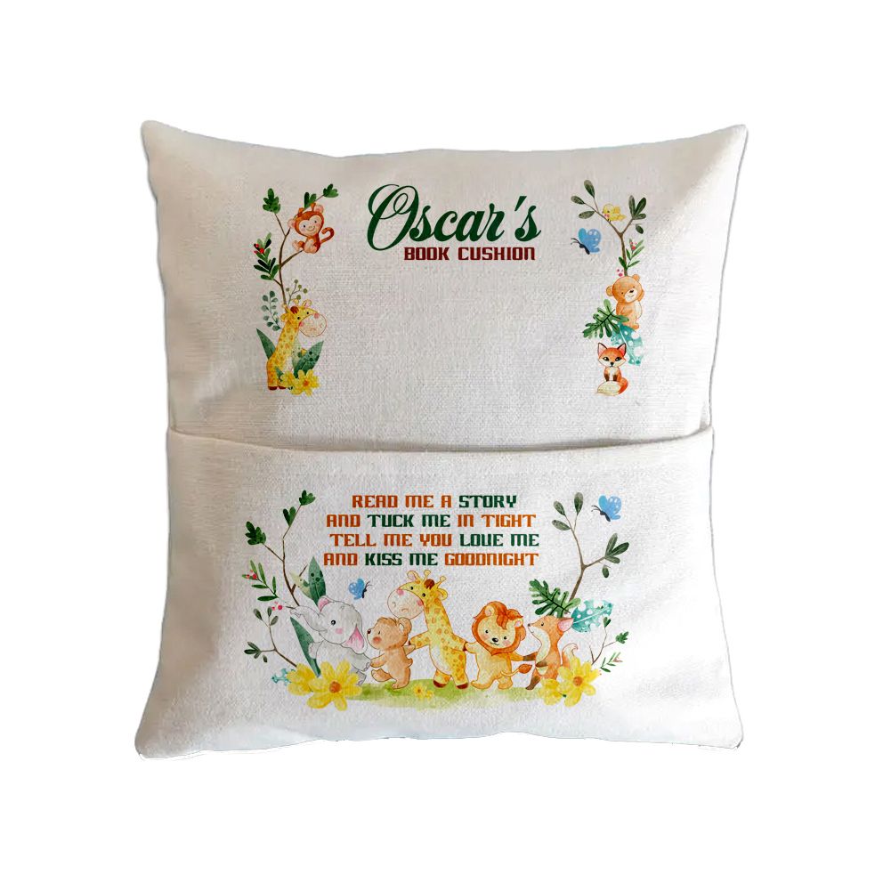 White decorative pillow with floral designs and personalized text reading Oscar's.