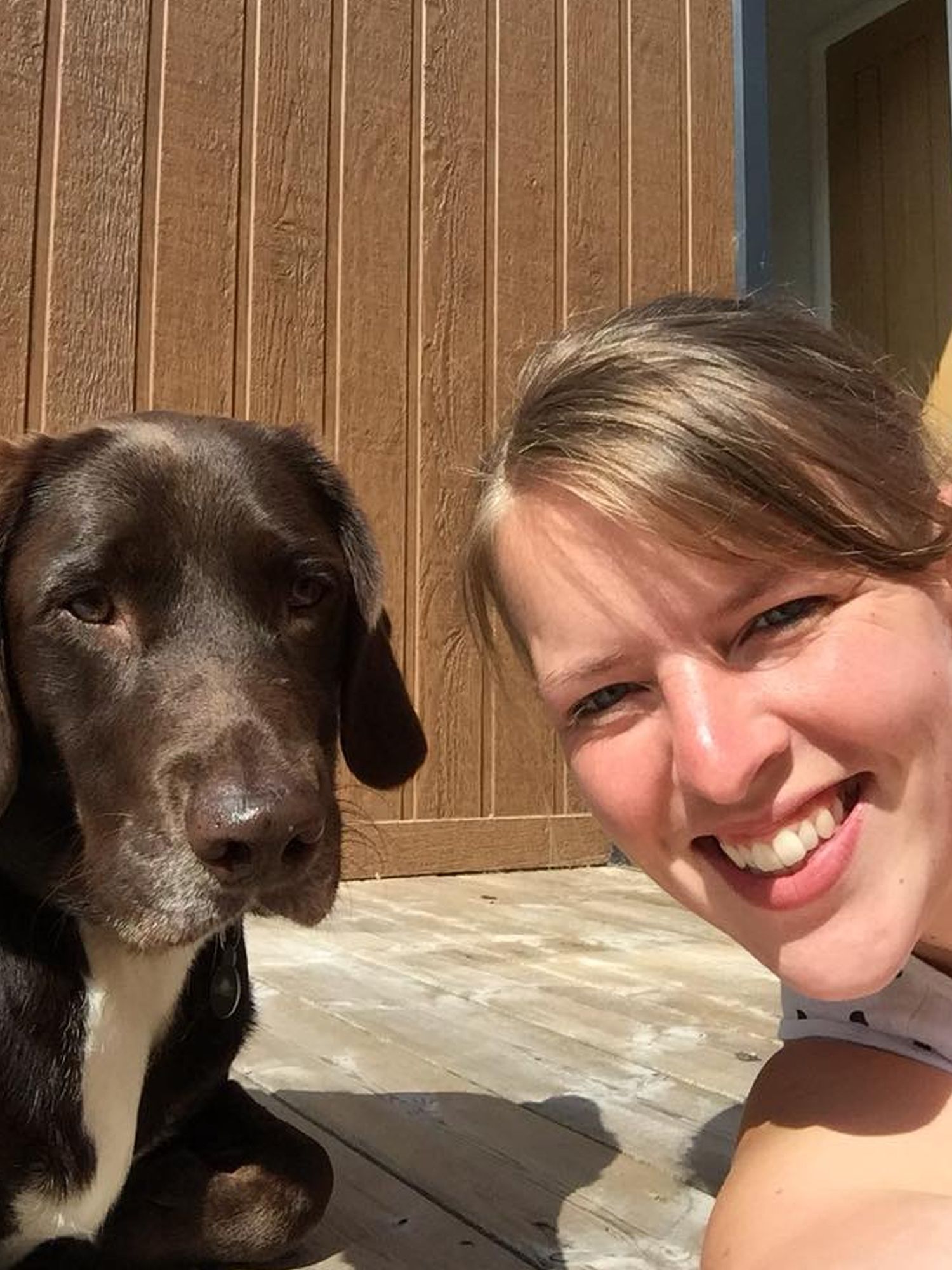 Happy black and white dog poses for selfie outdoors on sunny porch.