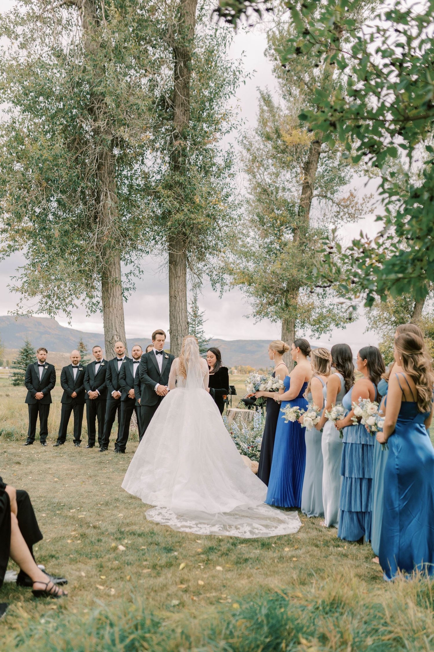 Wedding ceremony with attendants in blue dresses and formal attire arranged outdoors under tall trees.