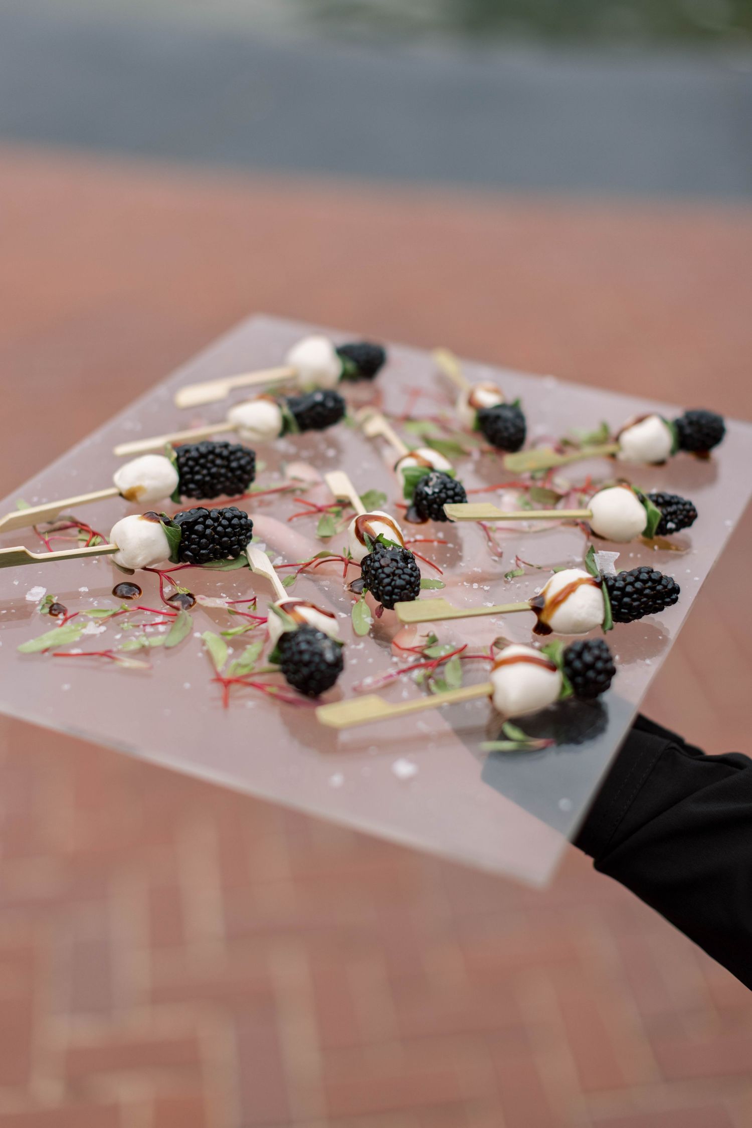 Elegant appetizer skewers with blackberries and mozzarella on modern serving platter.