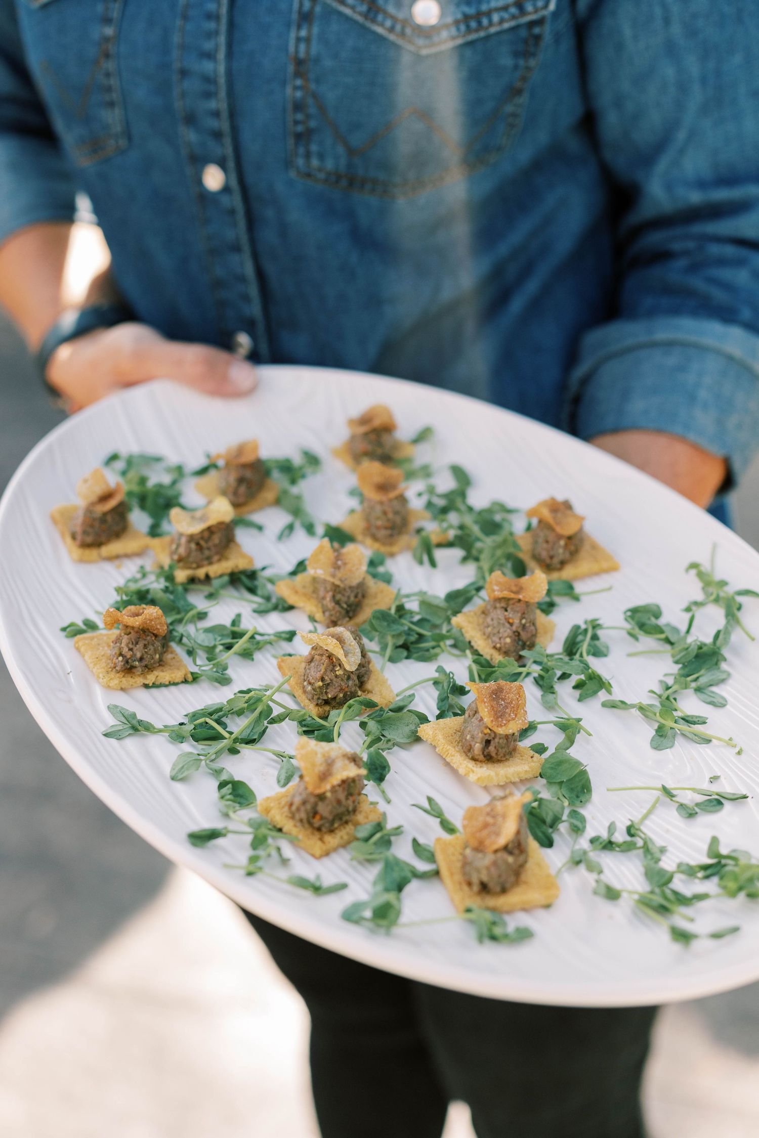 Elegant appetizers garnished with microgreens served on white platter.