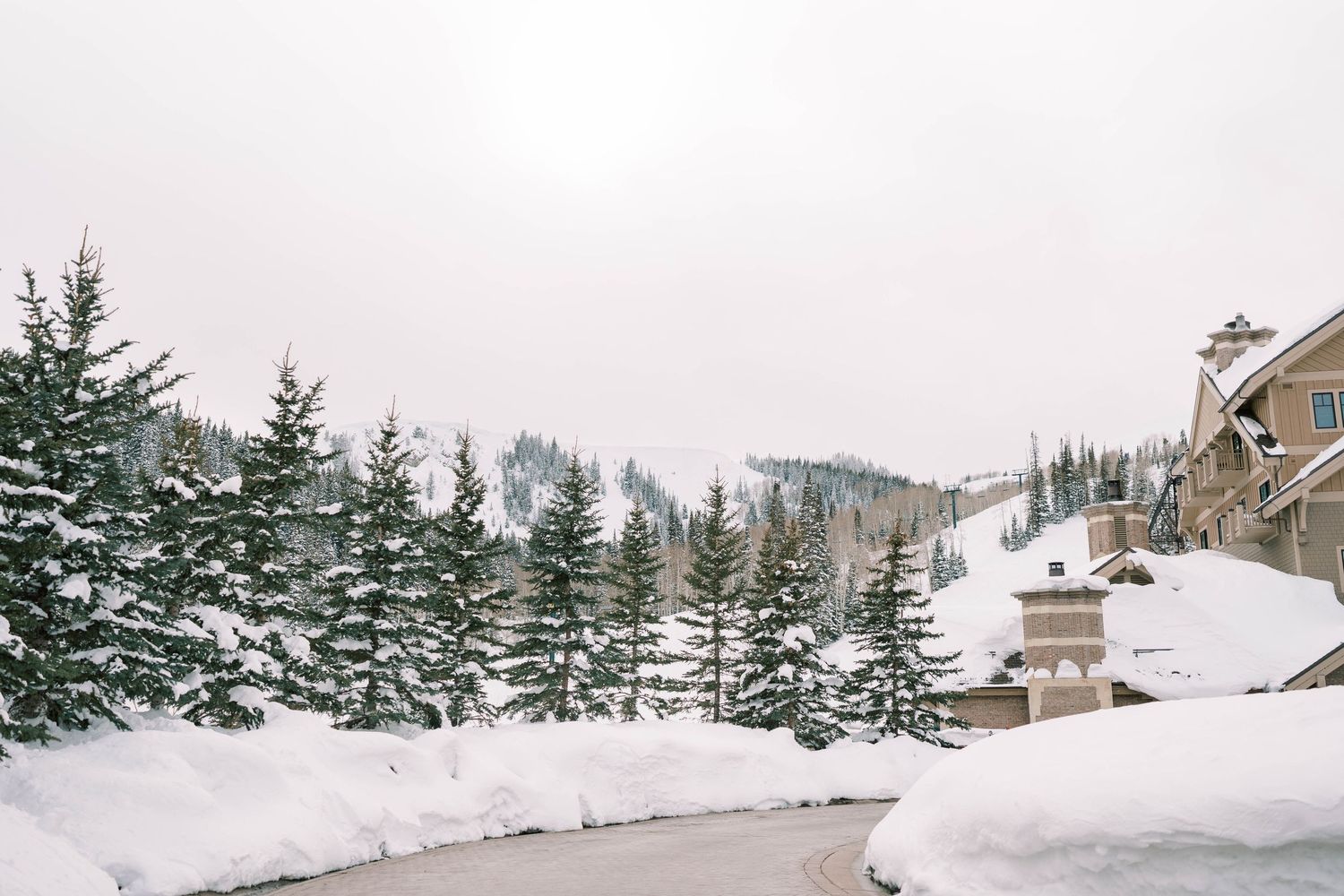 Snow-covered mountain landscape with evergreen trees and rustic buildings in winter.