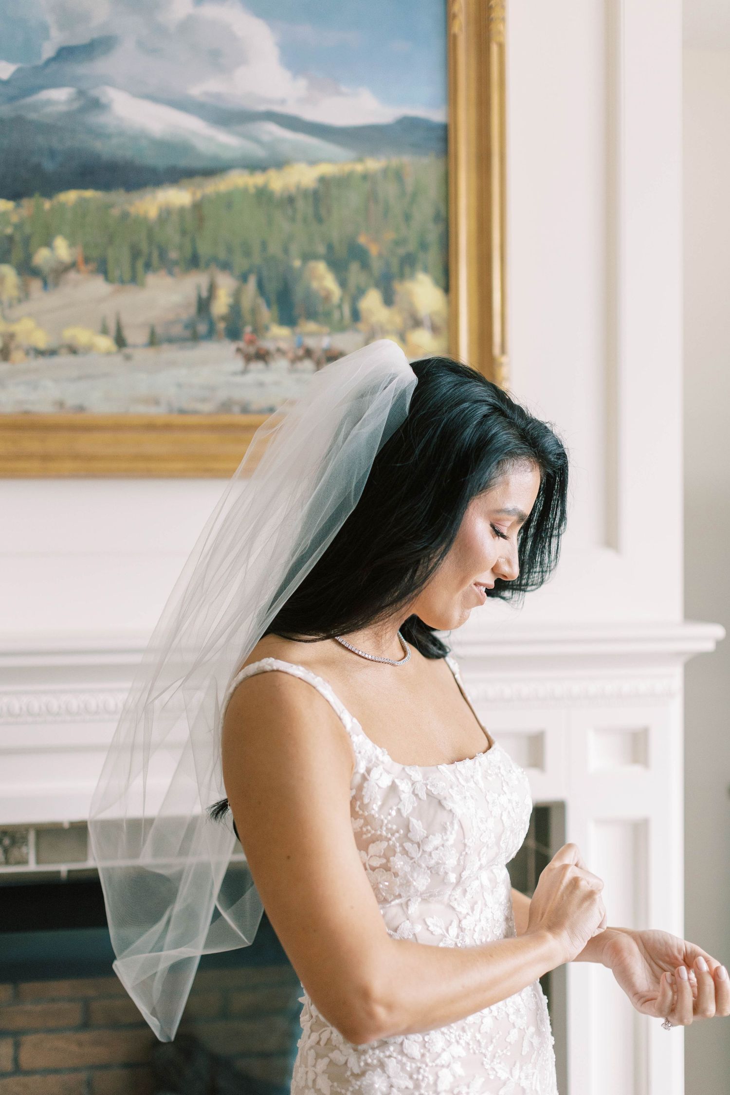 Bridal portrait showing intricate lace dress details against mountain landscape artwork.