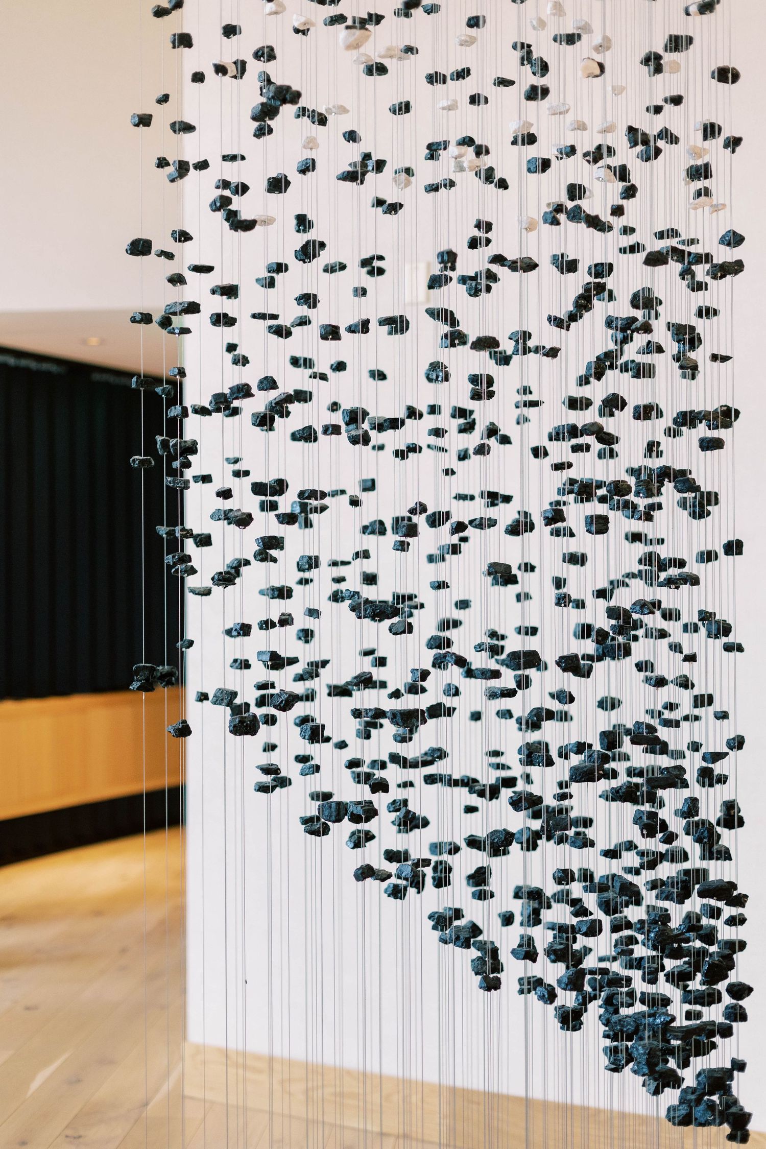 Abstract hanging art installation with black elements suspended from ceiling creating organic pattern.