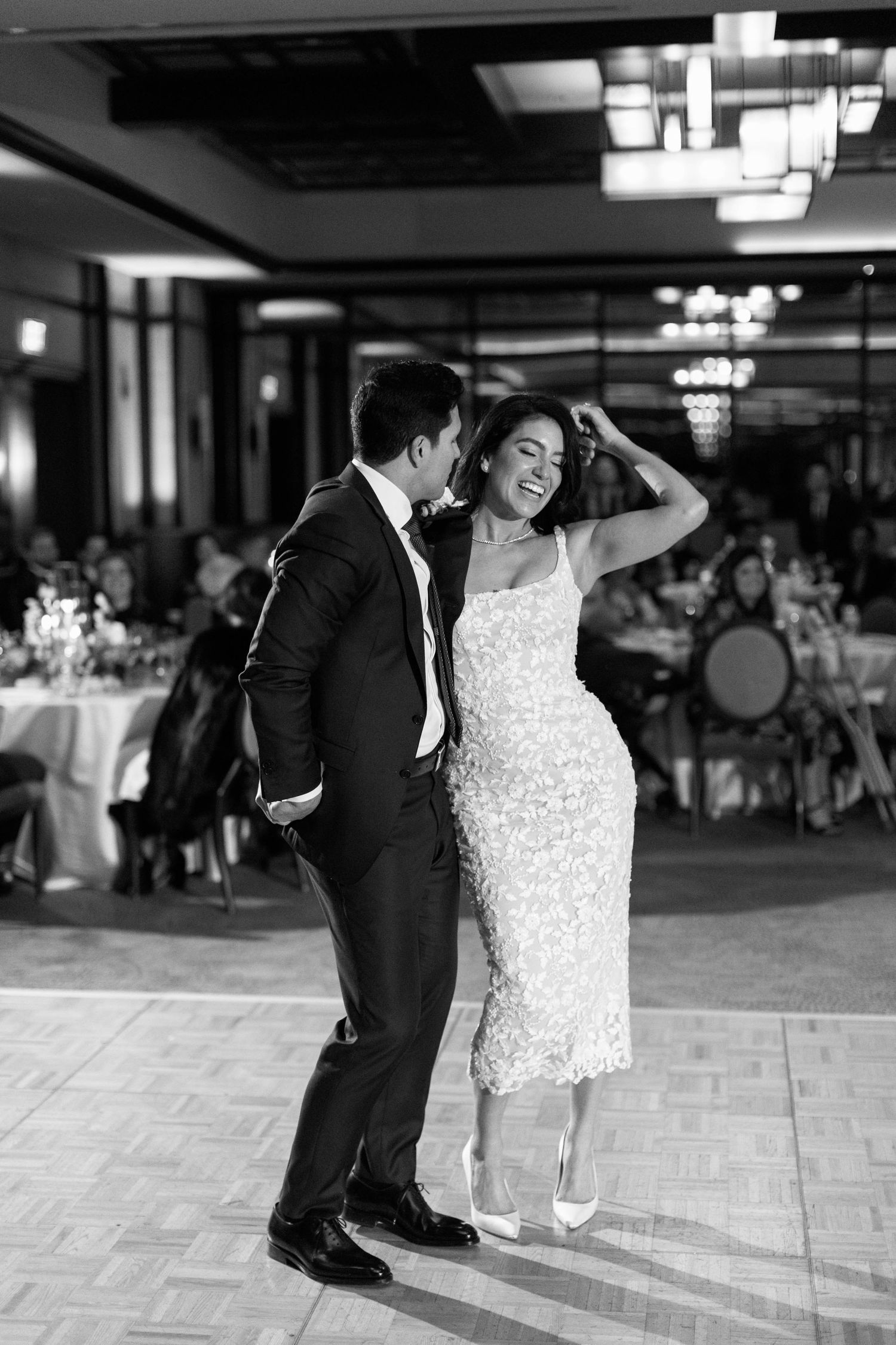 A couple dancing together at their wedding reception in formal attire at the montage deer valley.