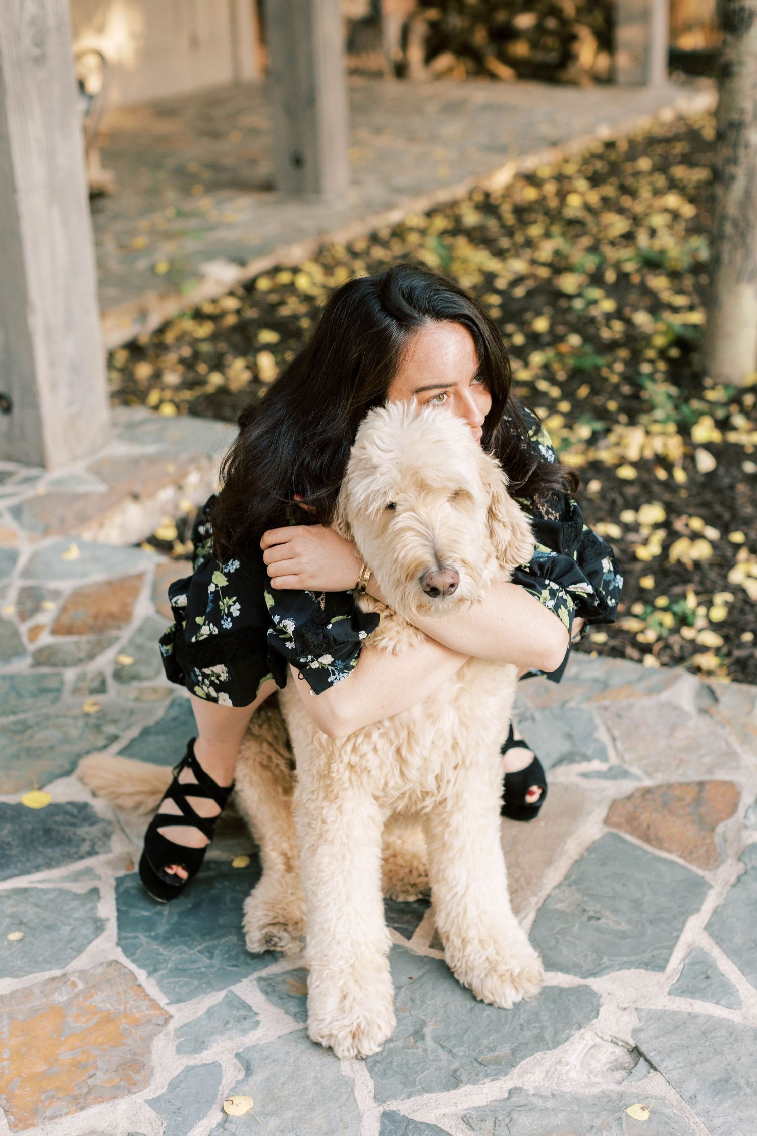 Goldendoodle dog being hugged on stone patio covered with autumn leaves.