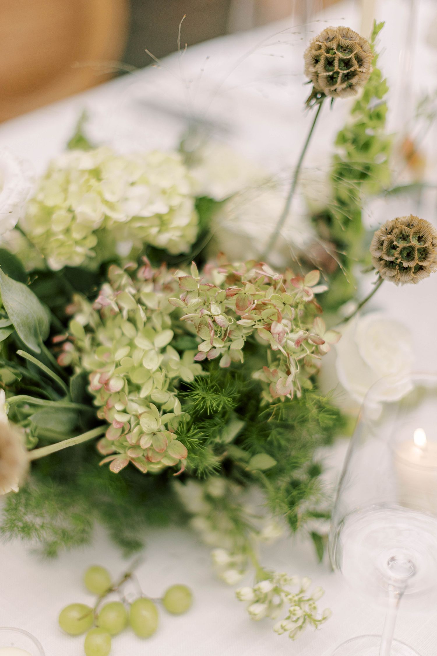 Soft focus arrangement of green hydrangeas and botanical elements on white table.