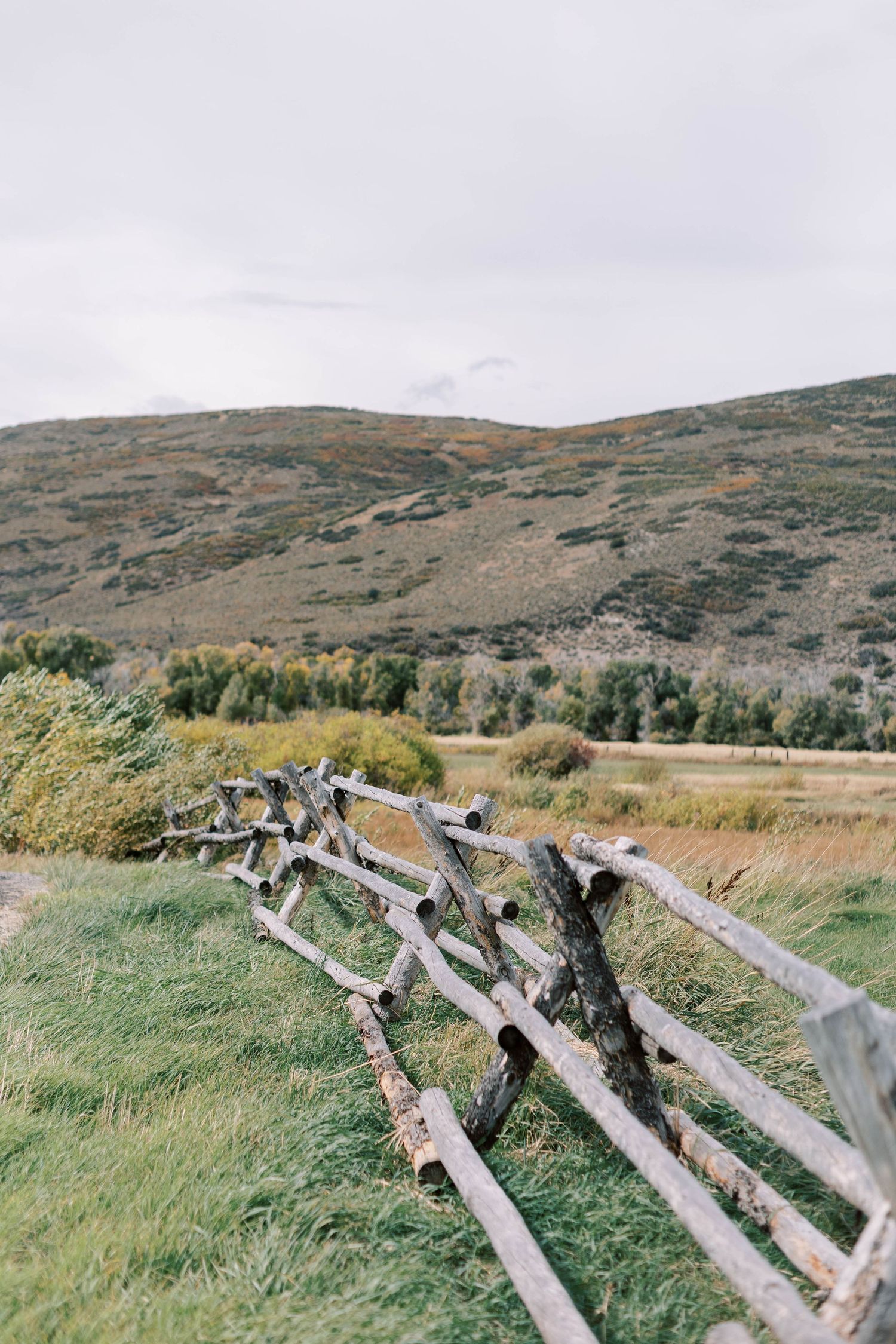 Rustic wooden fence stretches across green hillside with mountains in background on overcast day.