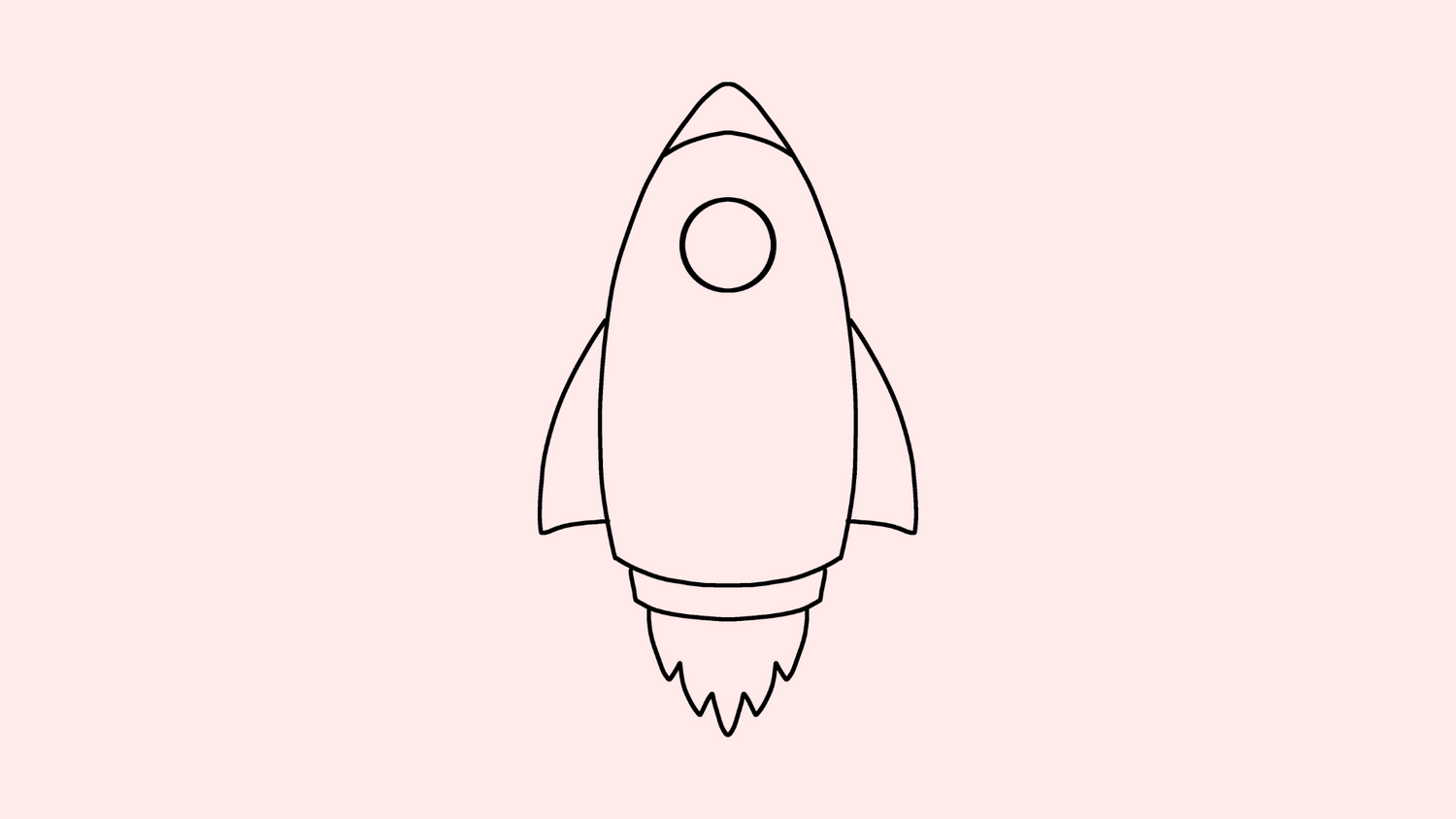 Simple line drawing of a rocket ship with flame exhaust on pink gradient background.