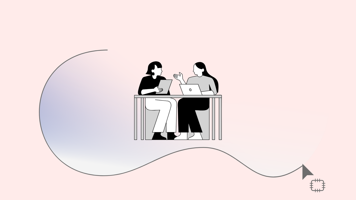 Minimalist line drawing of two people working together at a desk on pink gradient background.
