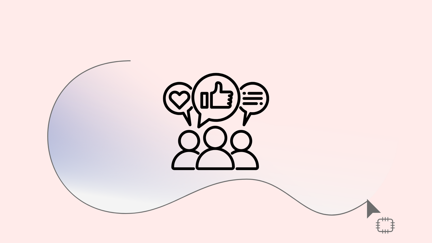 Icon illustration of three people with speech bubbles containing feedback symbols on pink background.