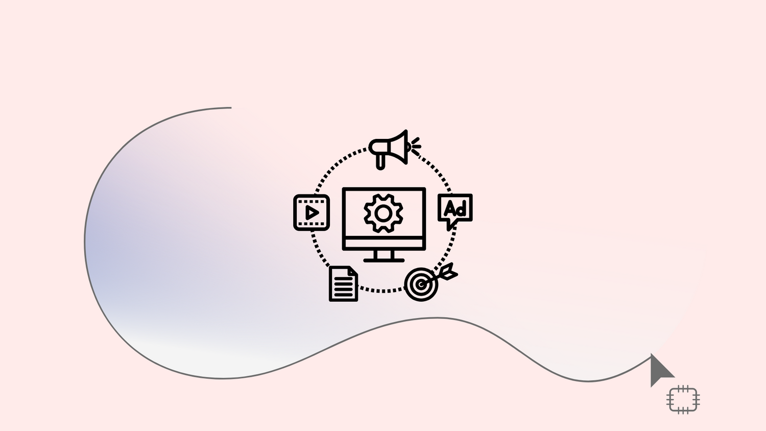 Simple line art illustration of a computer monitor with connected digital icons on pink background.