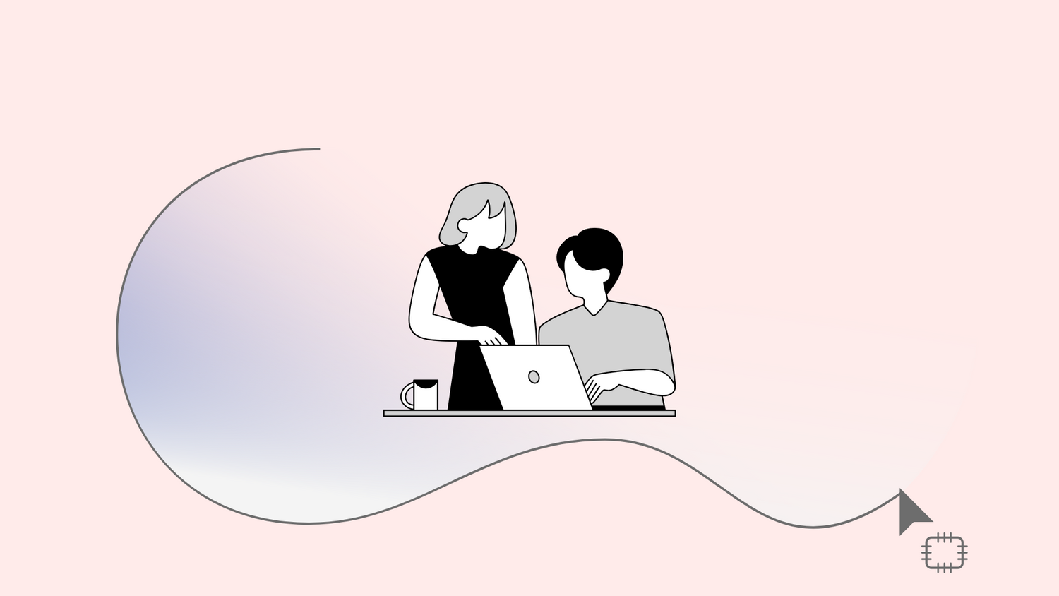Simple black and white illustration of two people collaborating at a computer desk.