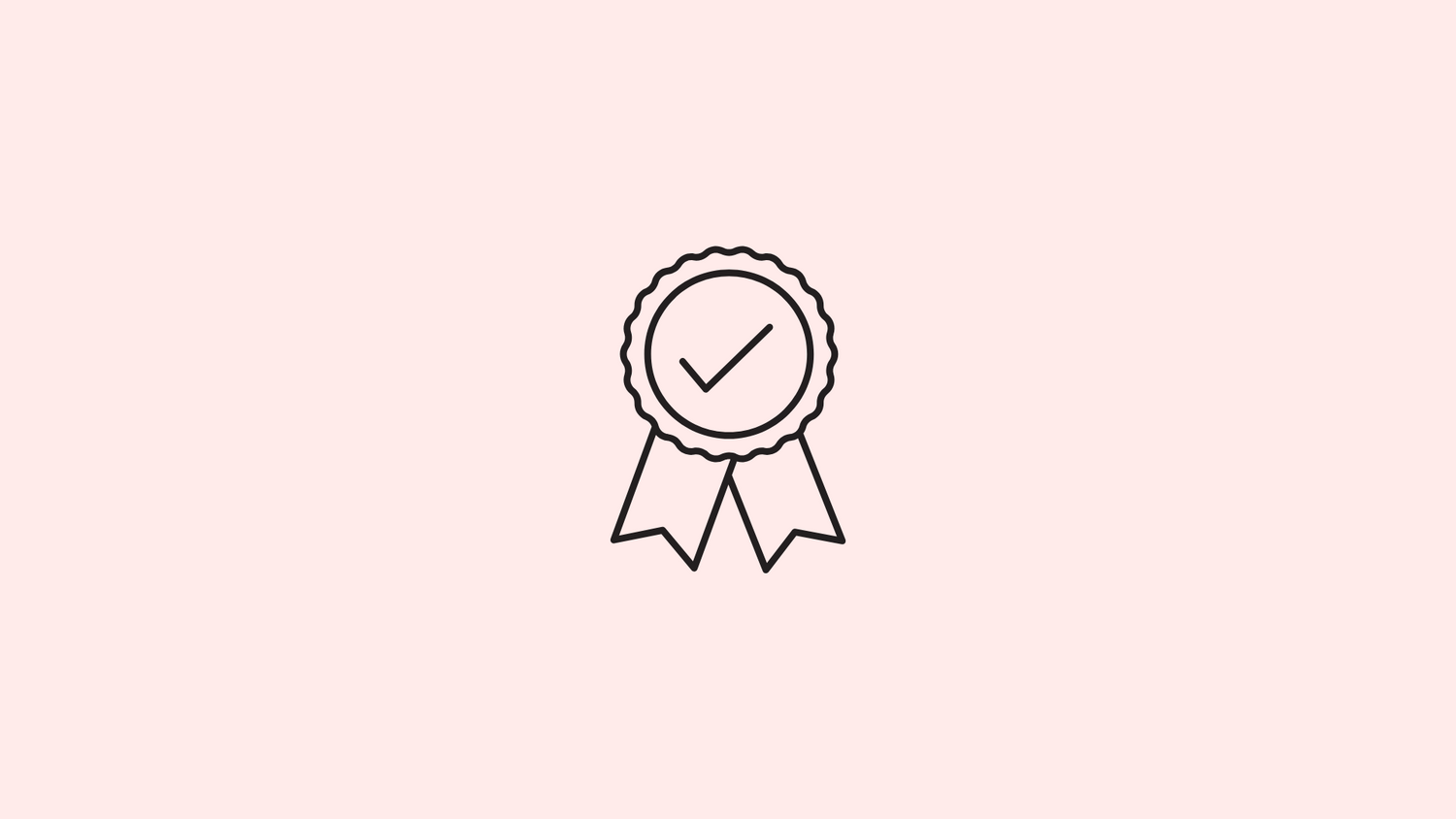 Line art illustration of an award ribbon with checkmark on pink gradient background.
