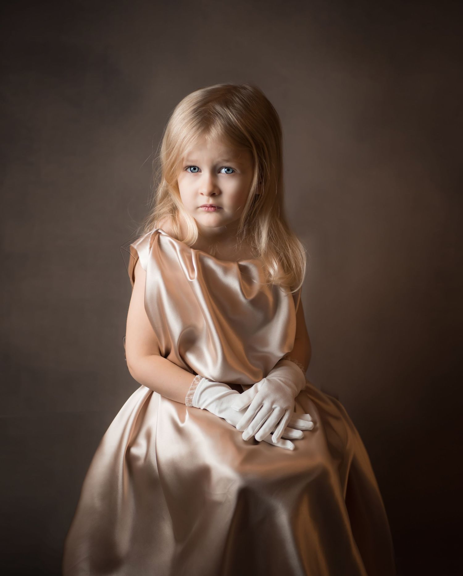 classical old masters style portrait of a little blonde girl in a gold satin dress and white gloves, seated looking solemnly at the camera