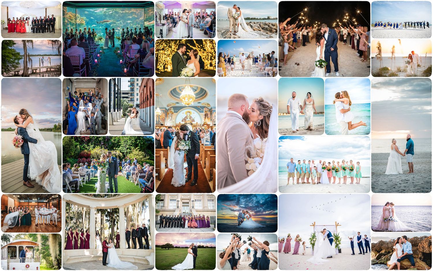 A collage of wedding photography showing various couples celebrating their special day in outdoor and indoor venues.