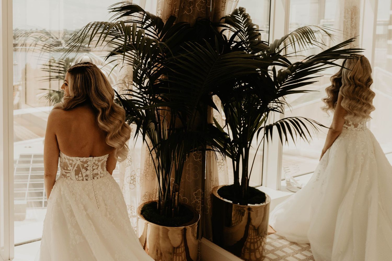Bride in white wedding dresses standing near a large potted palm plant by sunlit windows.