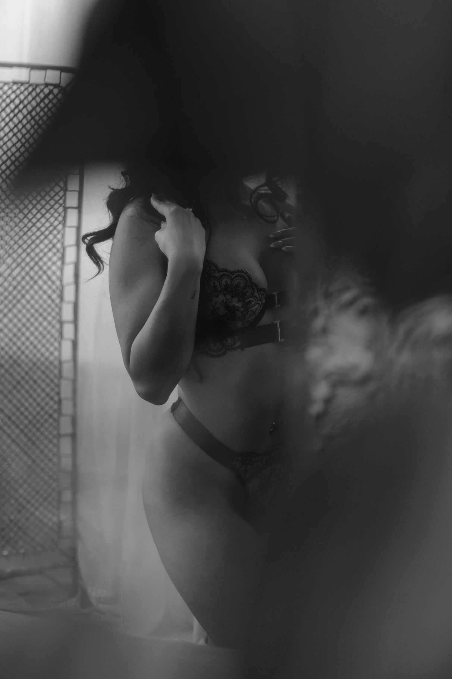 Artistic black and white boudoir photograph showing silhouette of lingerie-clad figure through sheer curtains.
