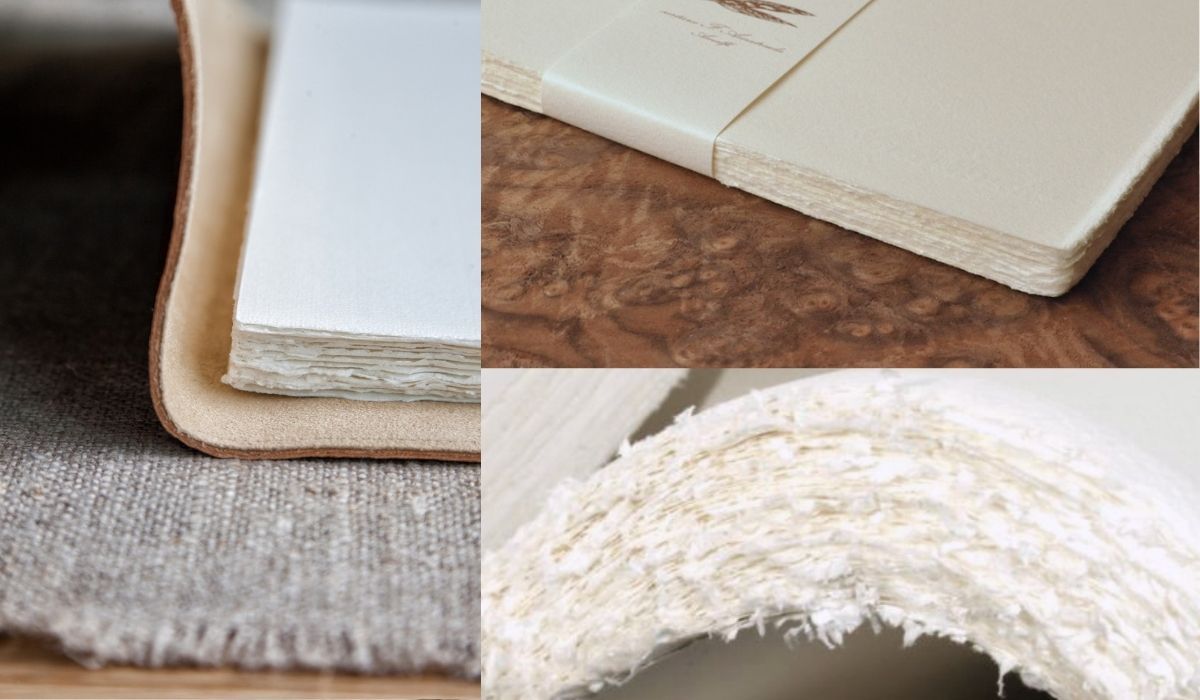 Layered view of handbound book pages showing white paper edges and binding details.