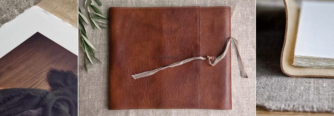 Brown leather handmade journal cover with simple string closure on textured surface.
