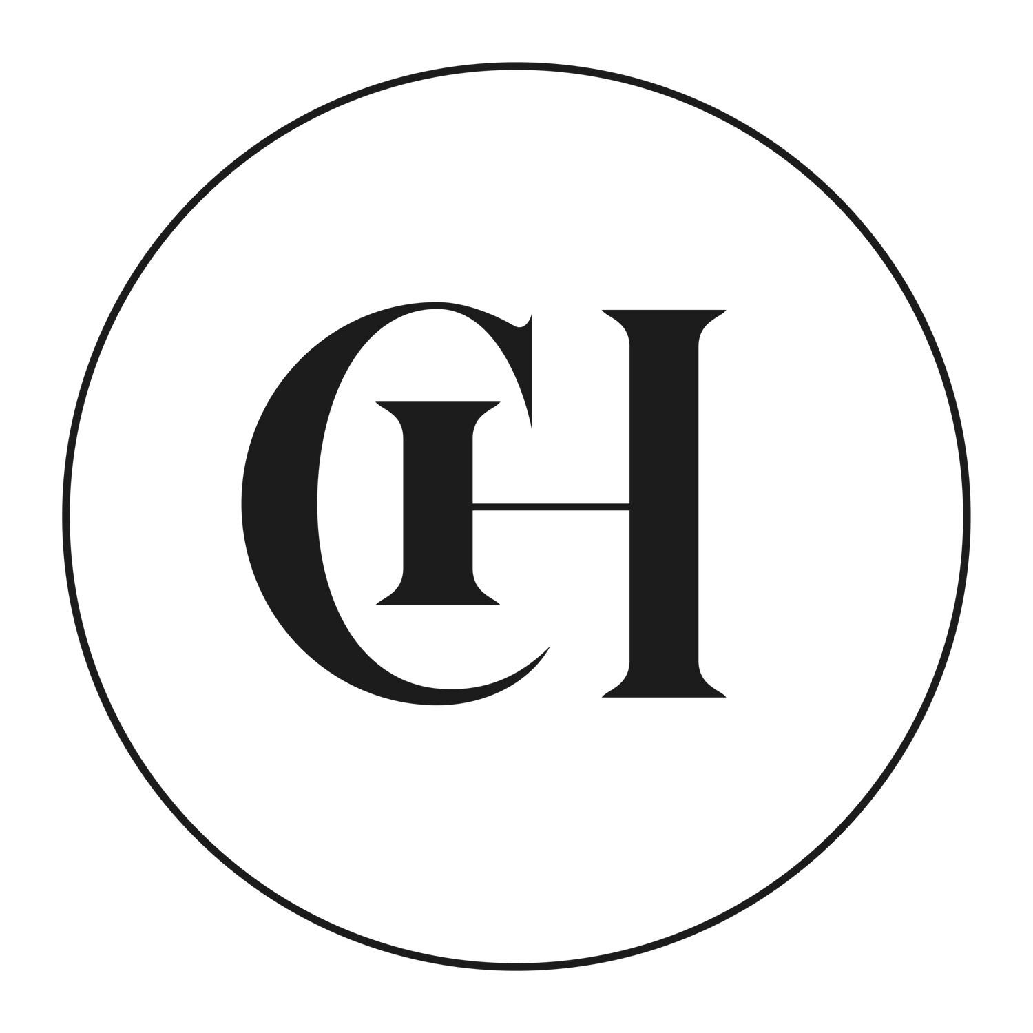Black circular logo design with initials CH in an elegant serif font.