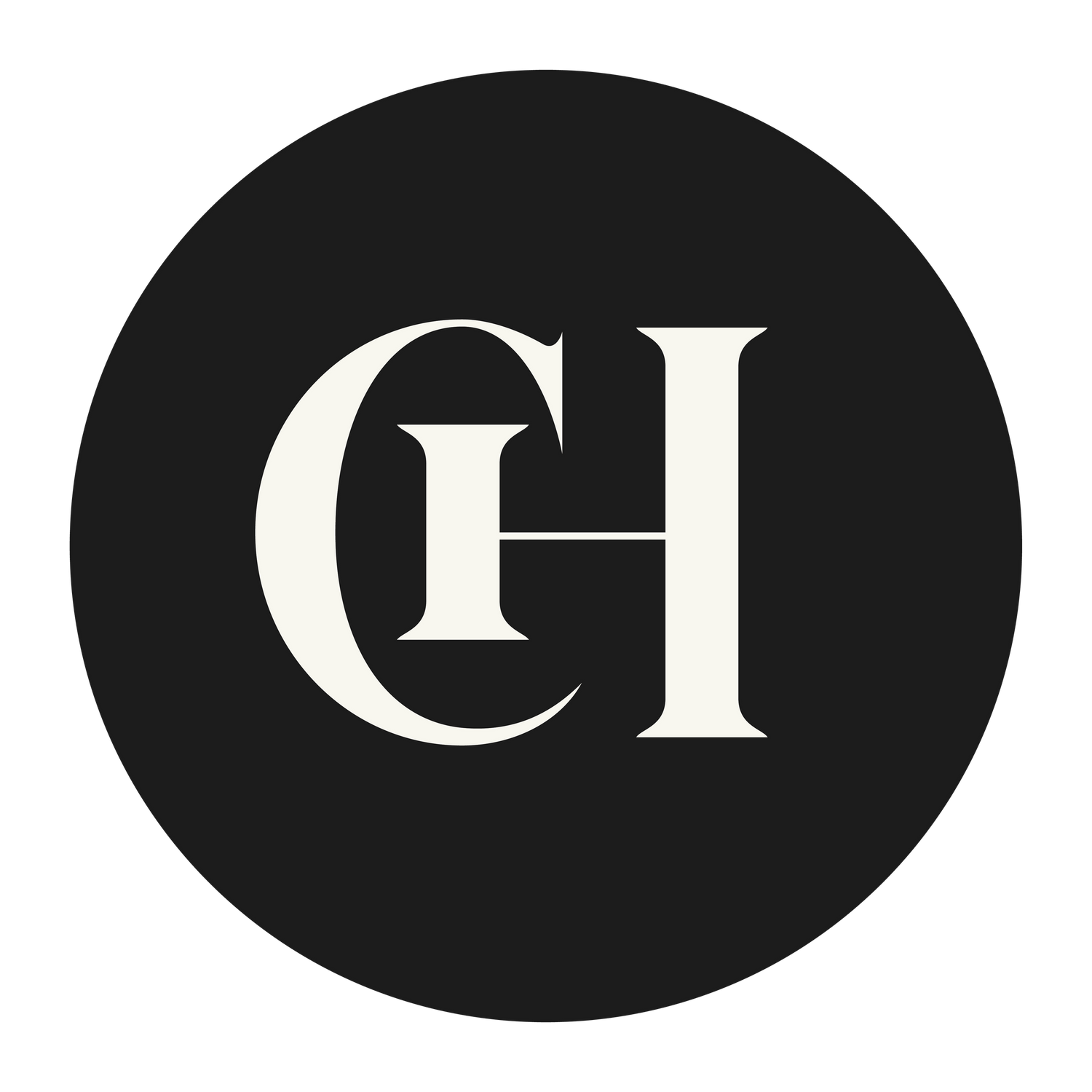 Minimalist CH monogram logo in white against a black circular background.