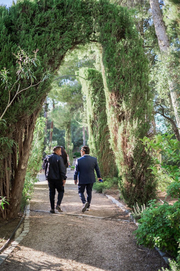 Two people walk along a scenic garden path lined with tall cypress trees and lush greenery on a sunny day.