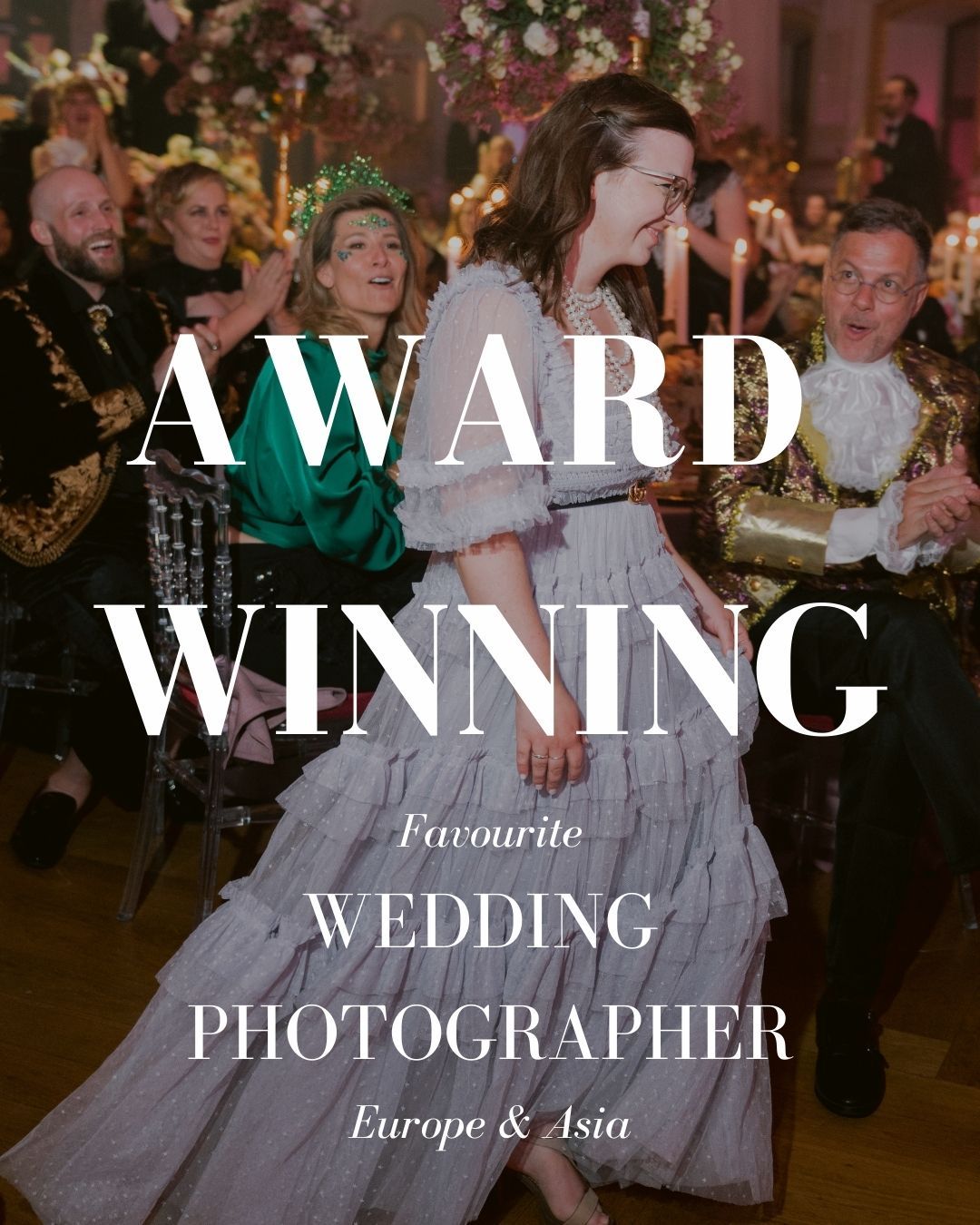 An elegant awards text overlay on a vintage film photograph of a formal wedding dance celebration in a ballroom.