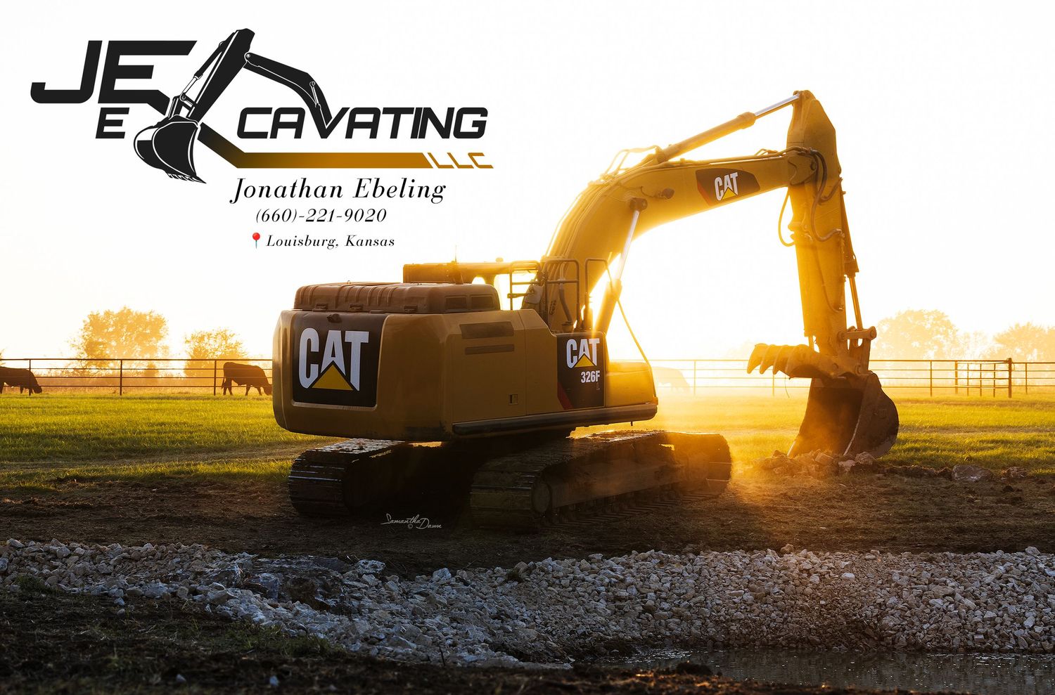 CAT excavator silhouetted against golden sunset with JE Excavating logo in professional construction site photo.